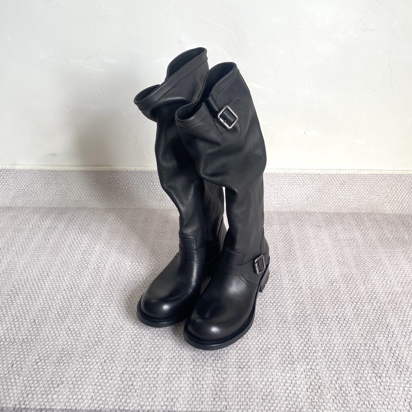 PRADA Boots Cow Leather Black Slouch Boots Metal Buckle