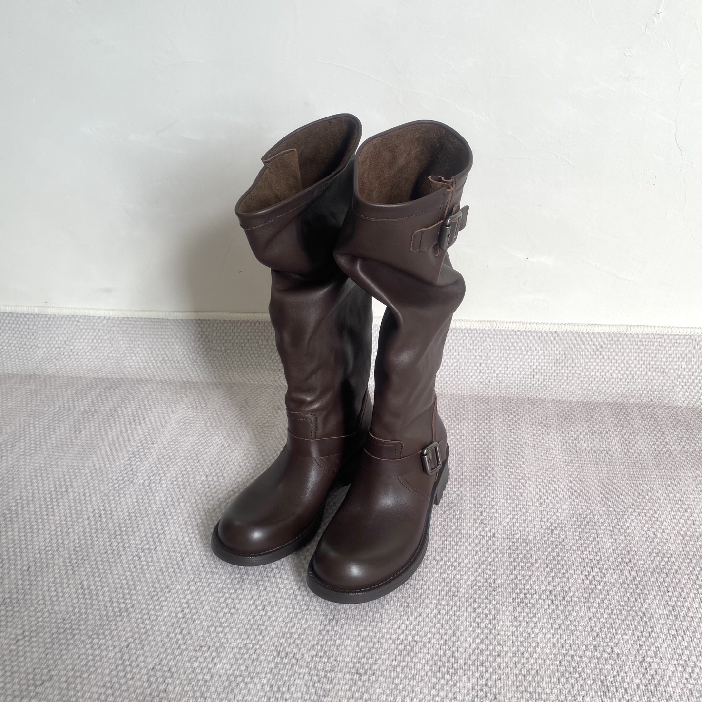PRADA Brown Leather Slouch Boots Tall Boots Belt Buckle