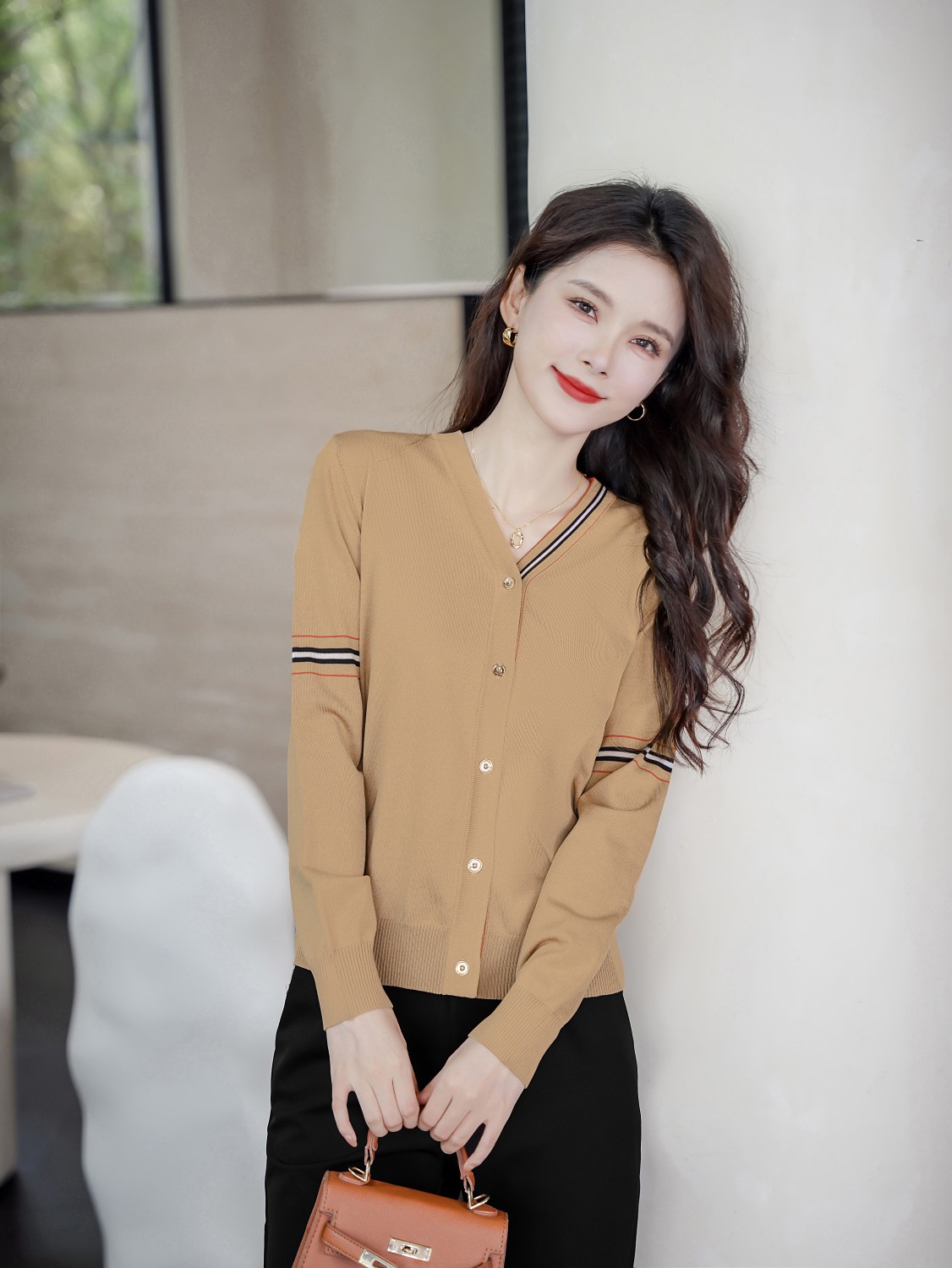 Elegant V-Neck Striped Trim Knit Cardigan|Soft, Stylish Women's Knitwear