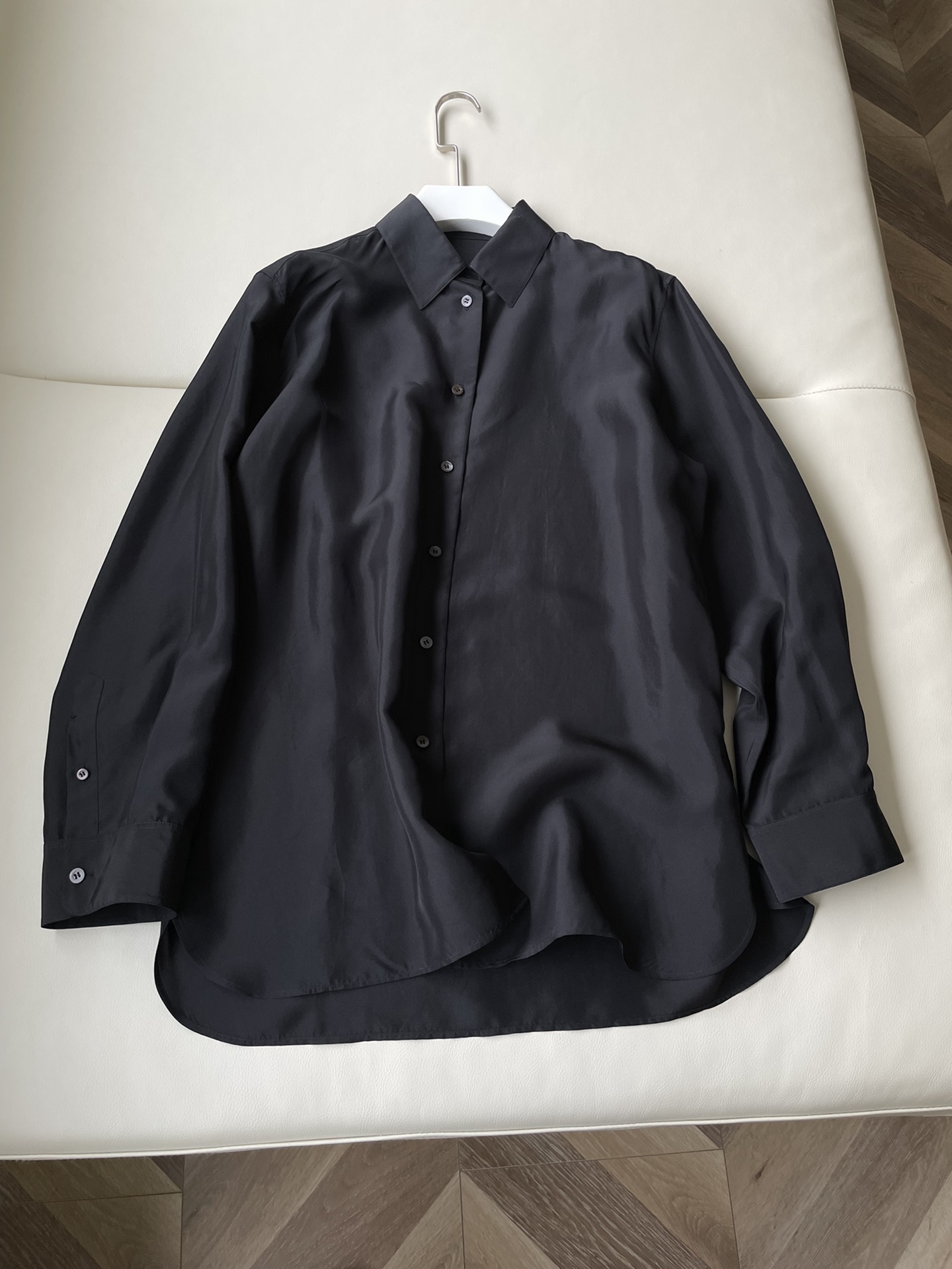 “Black Wired Shirt: Fashion Masterpiece for Women’s Suits, Soft Silk, Size SML”