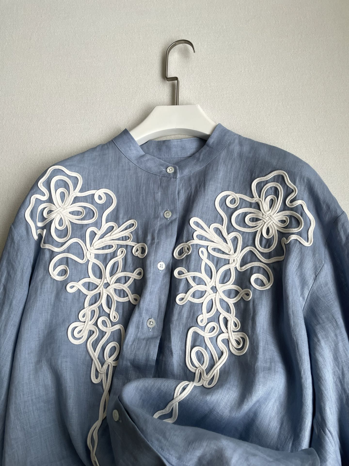 Elegant Light Blue Linen Shirt with Embroidered Details - French Holiday Style 3 i1748534751474 8129 0 1