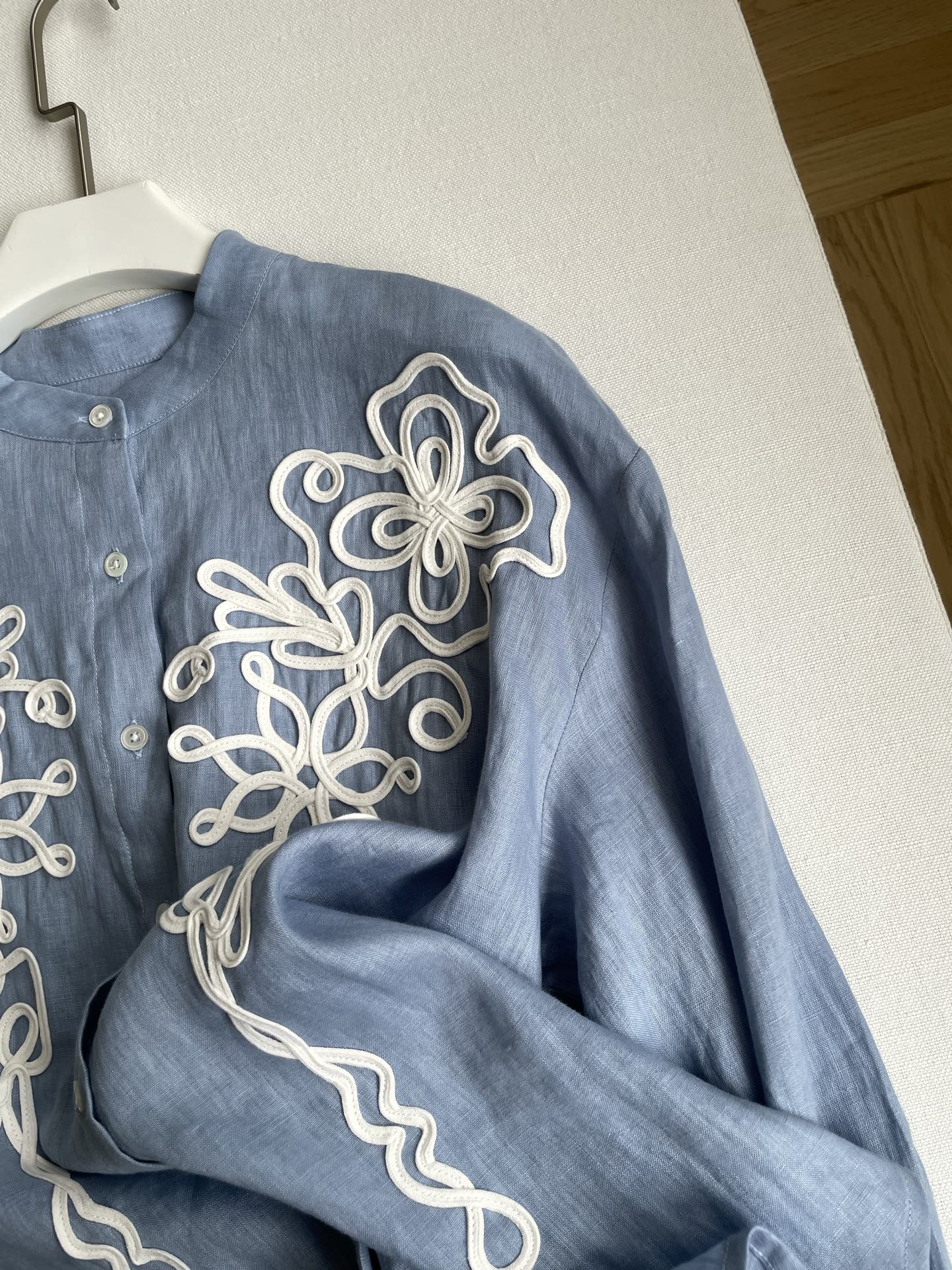 Elegant Light Blue Linen Shirt with Embroidered Details - French Holiday Style 6 i1748534751570 3532 0 4
