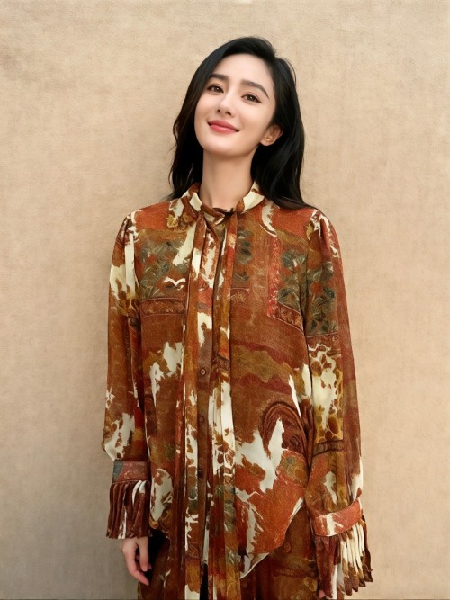 Autumn Floral Print Blouse with Tie Neck, Long Sleeves, and Button Down Design 1 Autumn Floral Print Blouse with Tie Neck, Long Sleeves, and Button Down Design