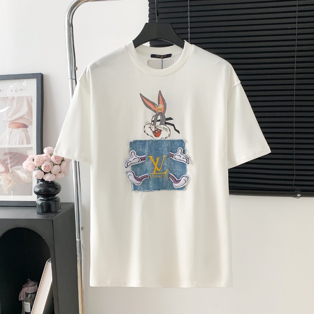 P80 Louis Vuitton / Louis Vuitton LV logo impreso parche de mezclilla manga corta Logo logo exquisito Tela original Mis…
