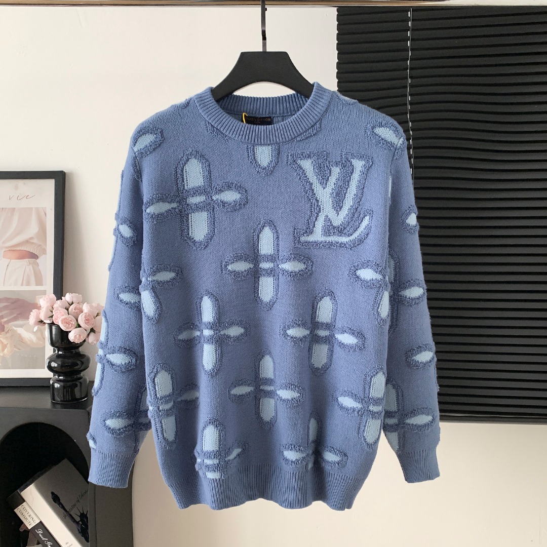 P135 Jersey de cuello redondo en jacquard grabado LV Louis. Telas italianas importadas de alta calidad, tejidos de alta…