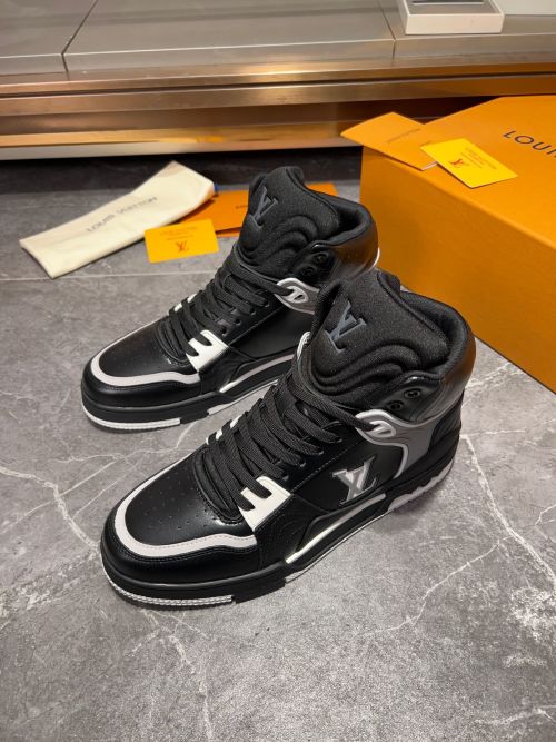 Louis Vuitton Men's Black Leather High-Top Sneakers with Damier Pattern