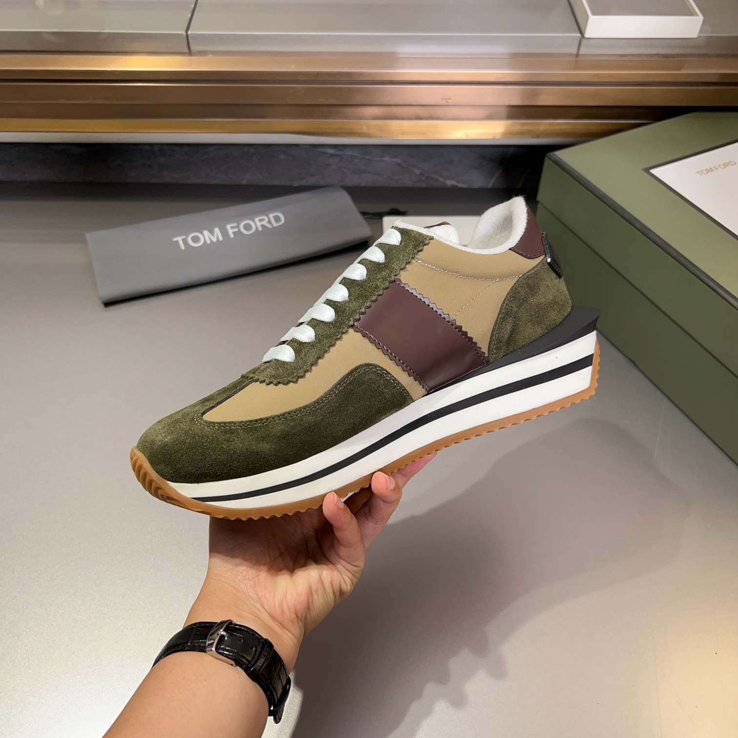 Tom Ford Men's Green & Brown Suede Trim Runner Sneakers: Classic Style 7 a1711776481565 4744