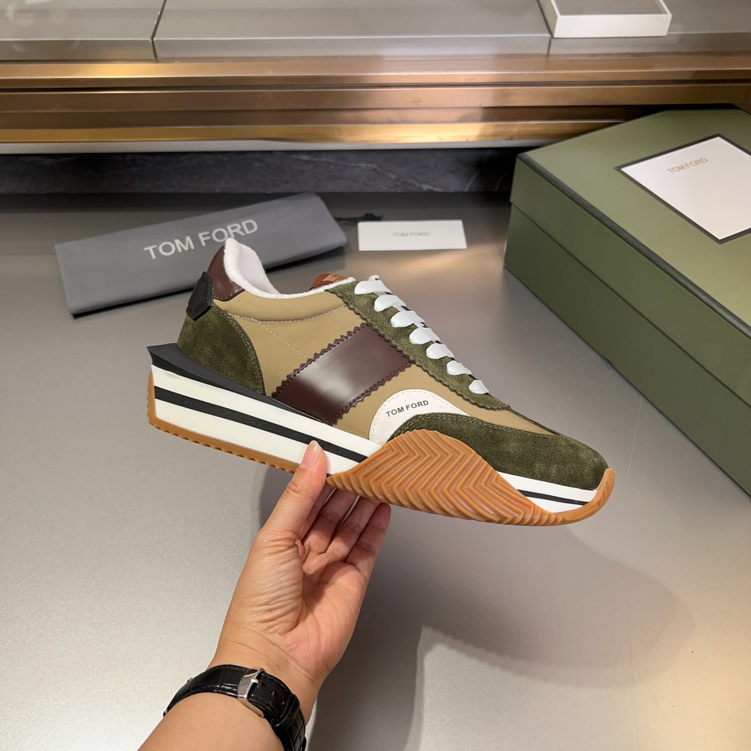 Tom Ford Men's Green & Brown Suede Trim Runner Sneakers: Classic Style 6 a1711776481594 1228