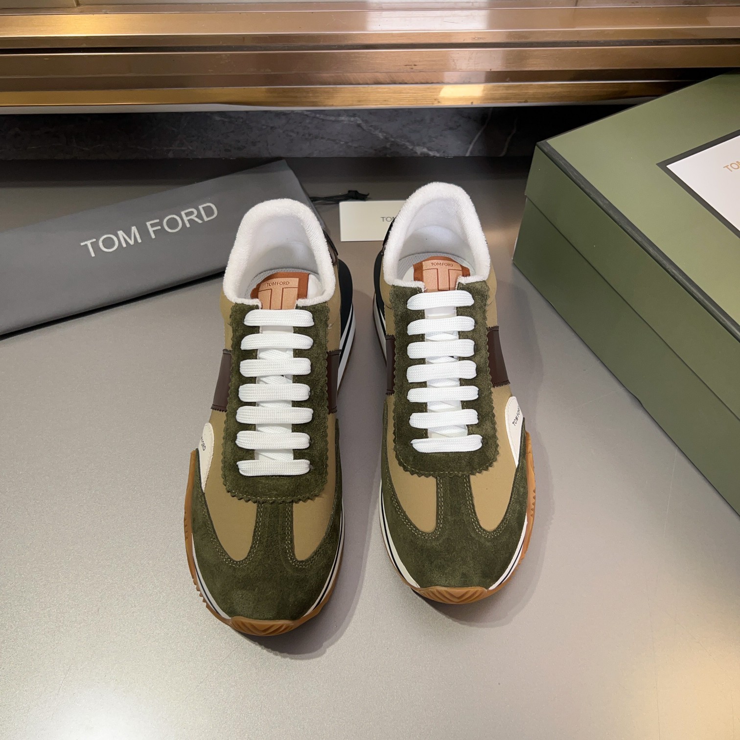 Tom Ford Men's Green & Brown Suede Trim Runner Sneakers: Classic Style 3 a1711776481651 4036