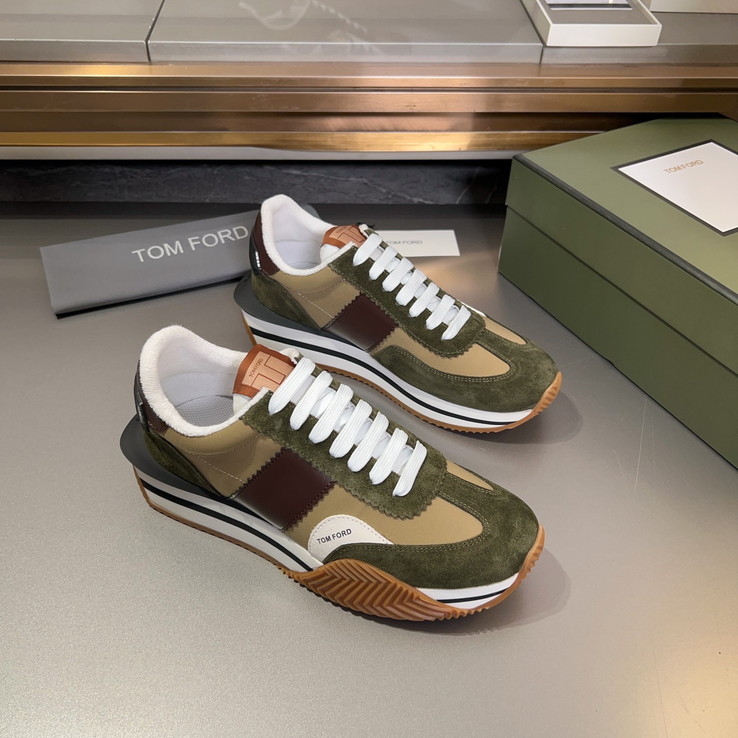 Tom Ford Men's Green & Brown Suede Trim Runner Sneakers: Classic Style 4 a1711776481851 6135