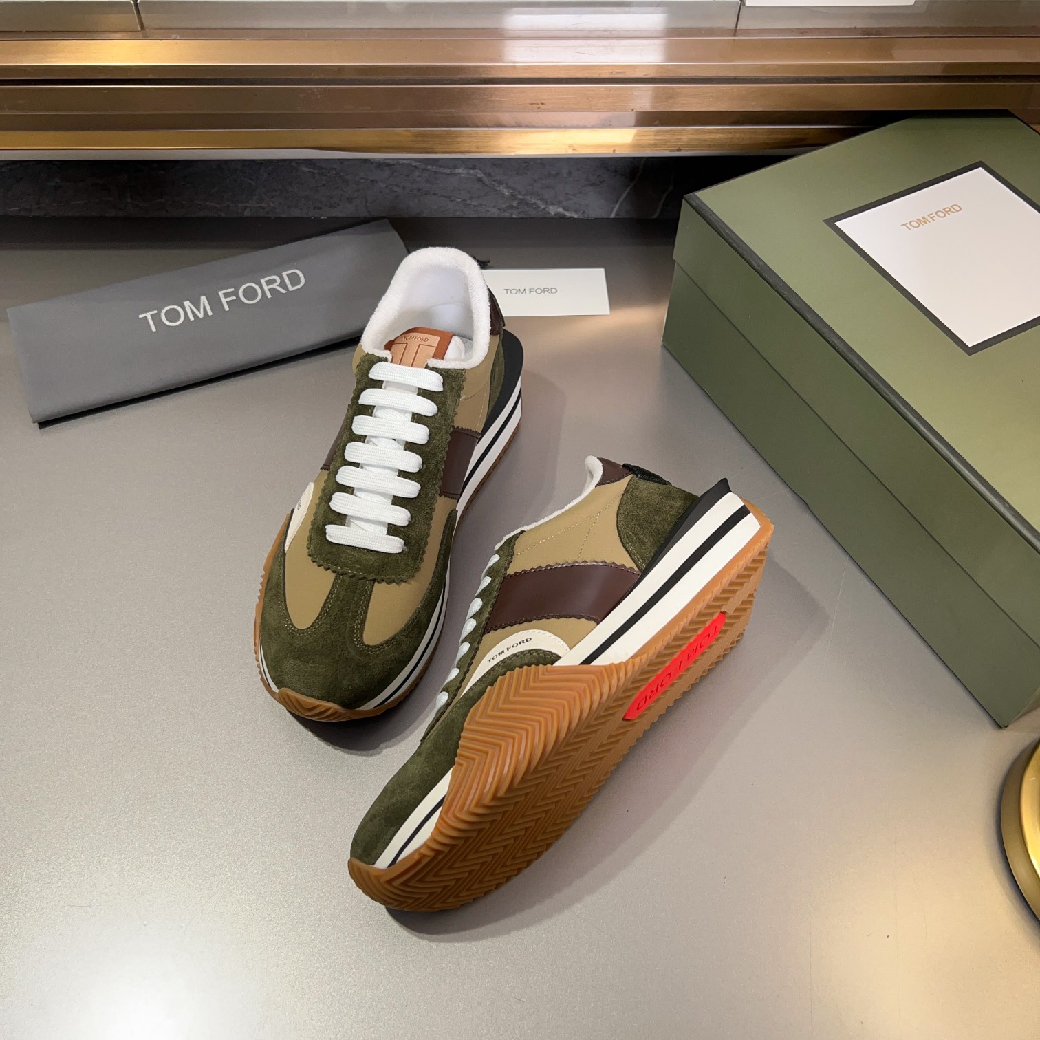 Tom Ford Men's Green & Brown Suede Trim Runner Sneakers: Classic Style 9 a1711776482687 3468