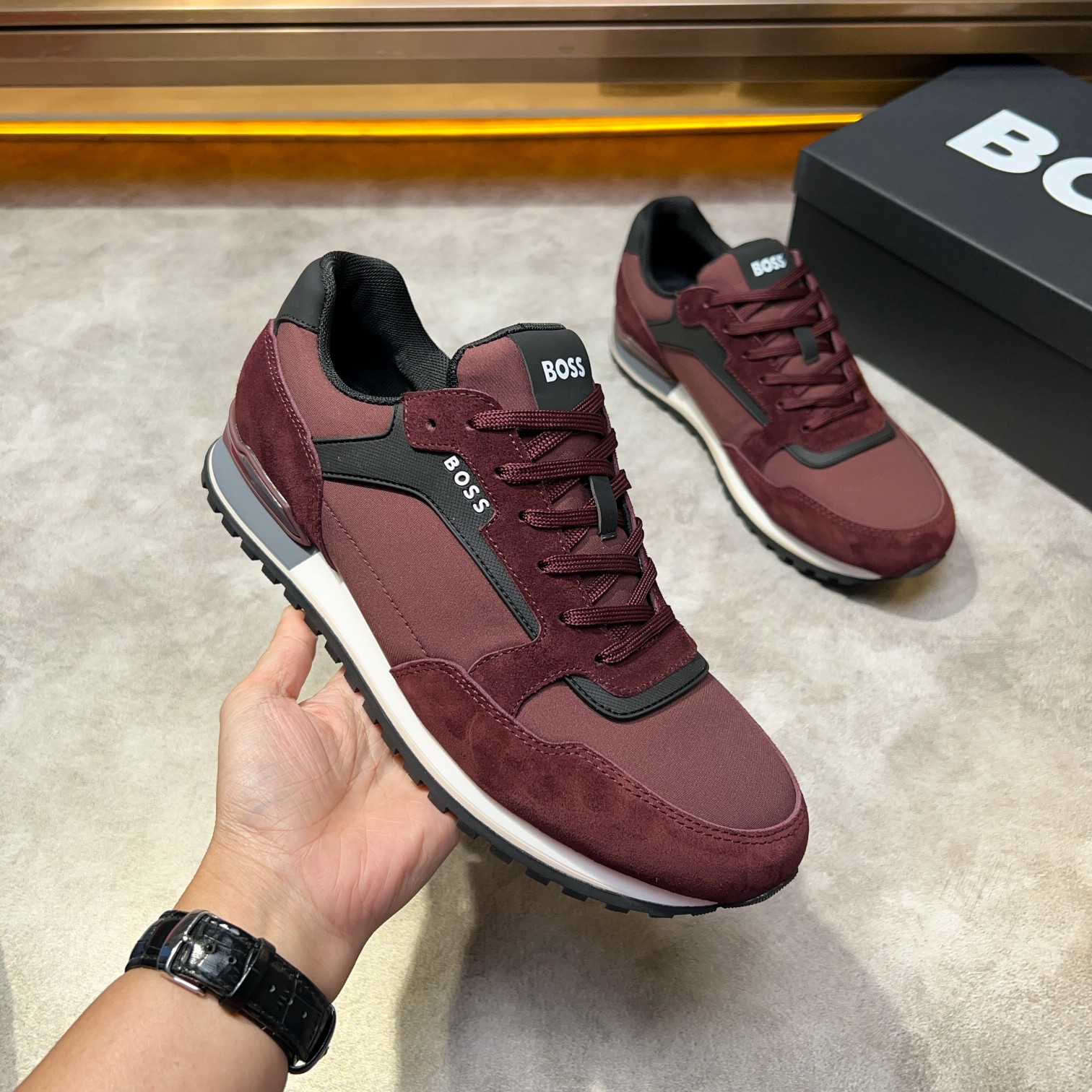 BOSS Men's Maroon Suede and Textile Lace-Up Sneakers 4 a1734131427893 1257