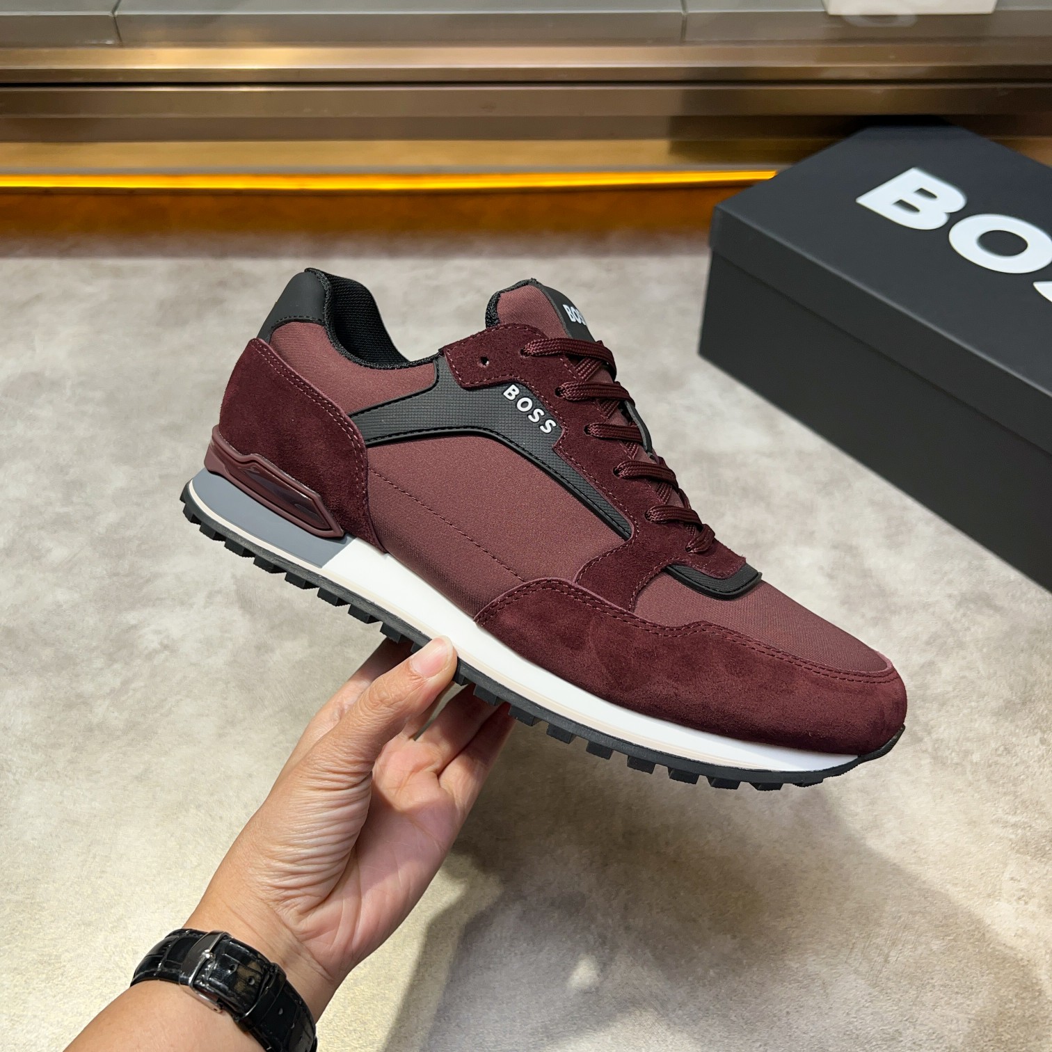 BOSS Men's Maroon Suede and Textile Lace-Up Sneakers 6 a1734131427989 2734