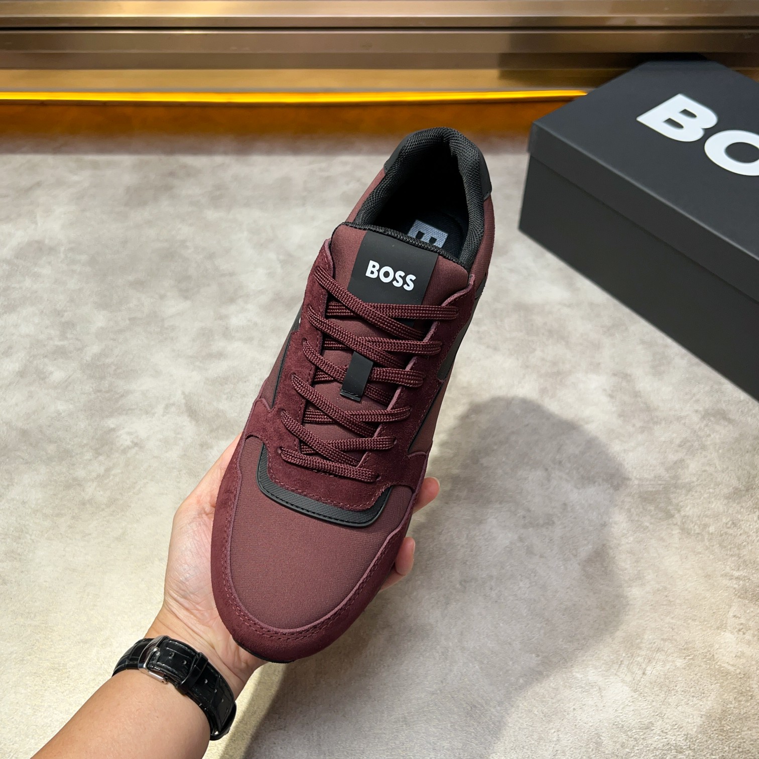 BOSS Men's Maroon Suede and Textile Lace-Up Sneakers 5 a1734131428065 5464