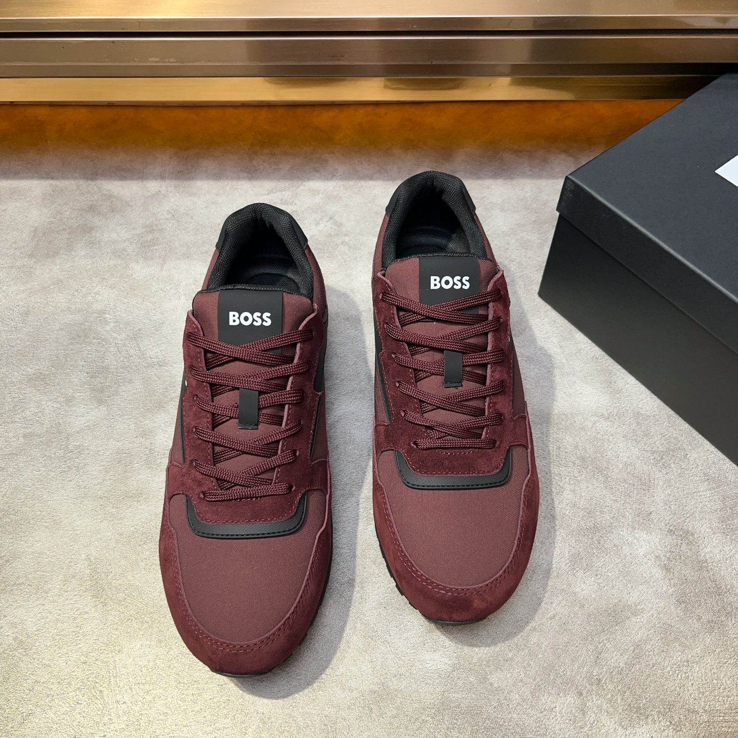 BOSS Men's Maroon Suede and Textile Lace-Up Sneakers 1 BOSS Men's Maroon Suede and Textile Lace-Up Sneakers