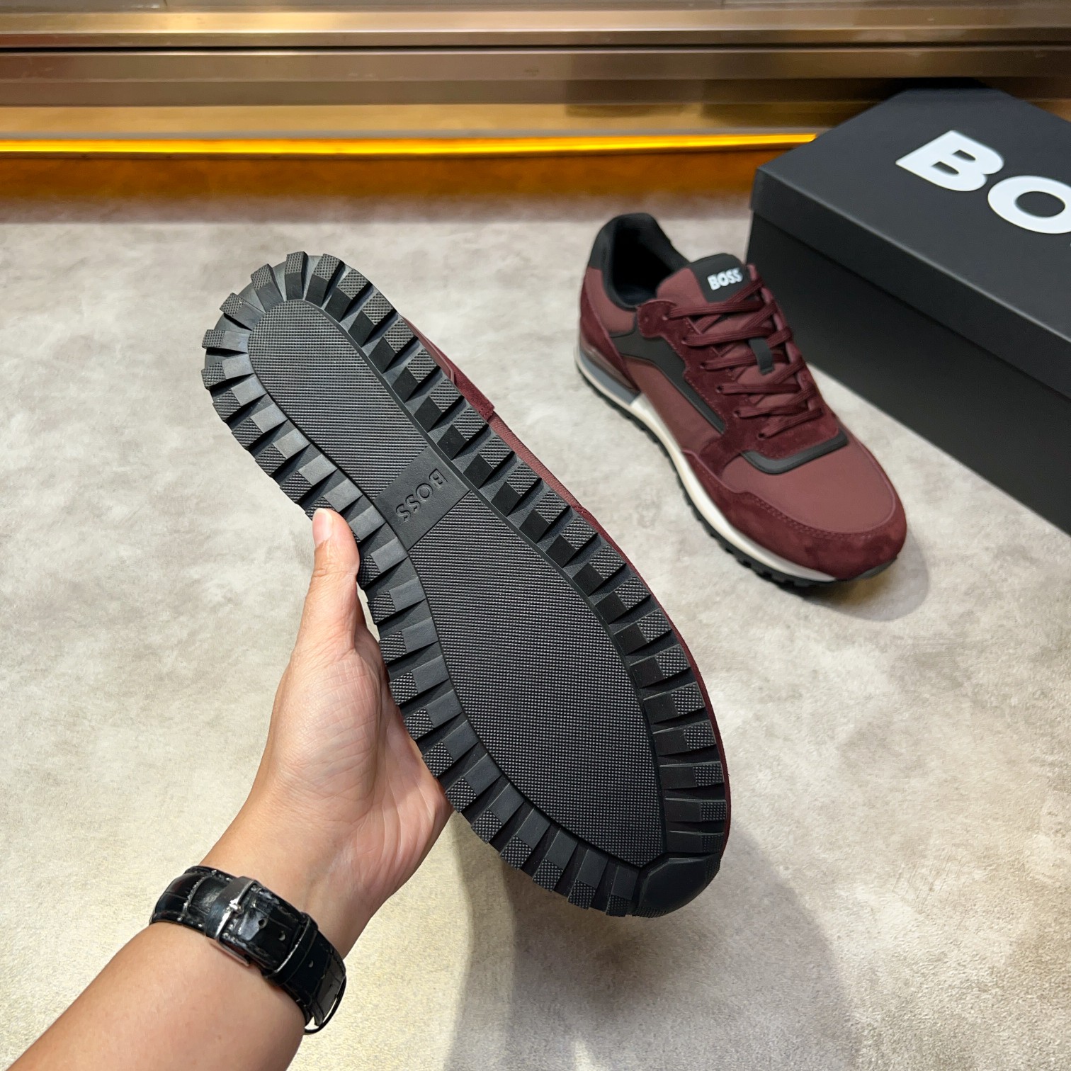 BOSS Men's Maroon Suede and Textile Lace-Up Sneakers 8 a1734131429137 2662