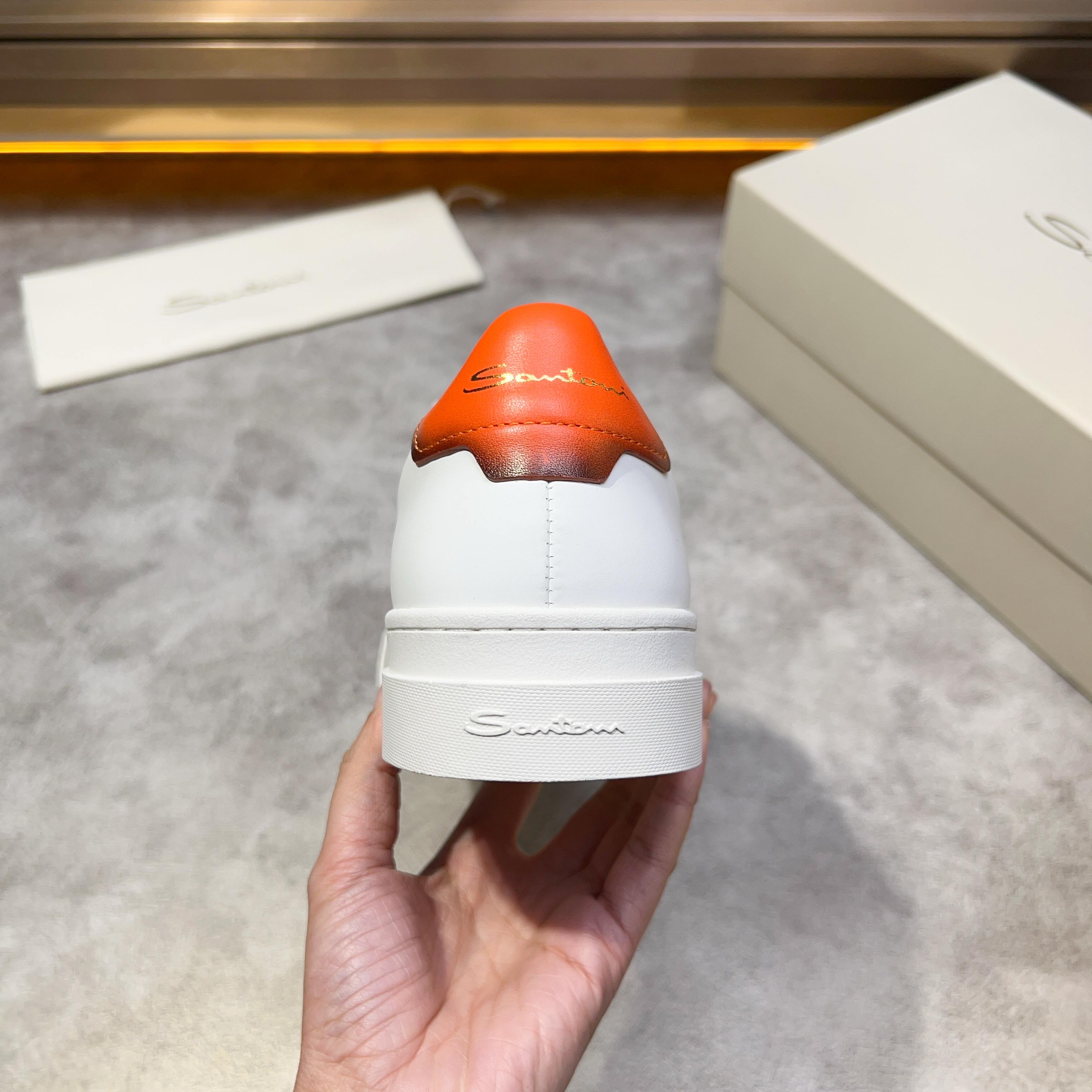 Santoni Men's White Leather Lace-Up Sneakers with Orange Accents 5 a1741780519610 0260