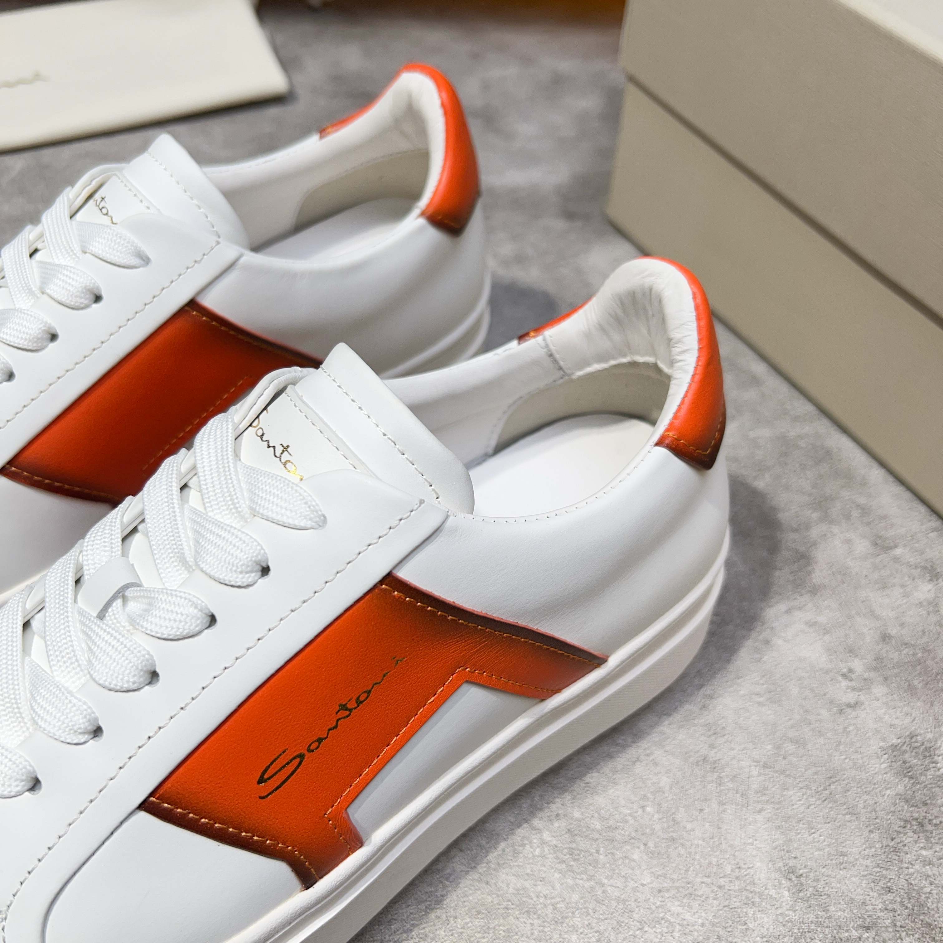 Santoni Men's White Leather Lace-Up Sneakers with Orange Accents 4 a1741780520268 7472