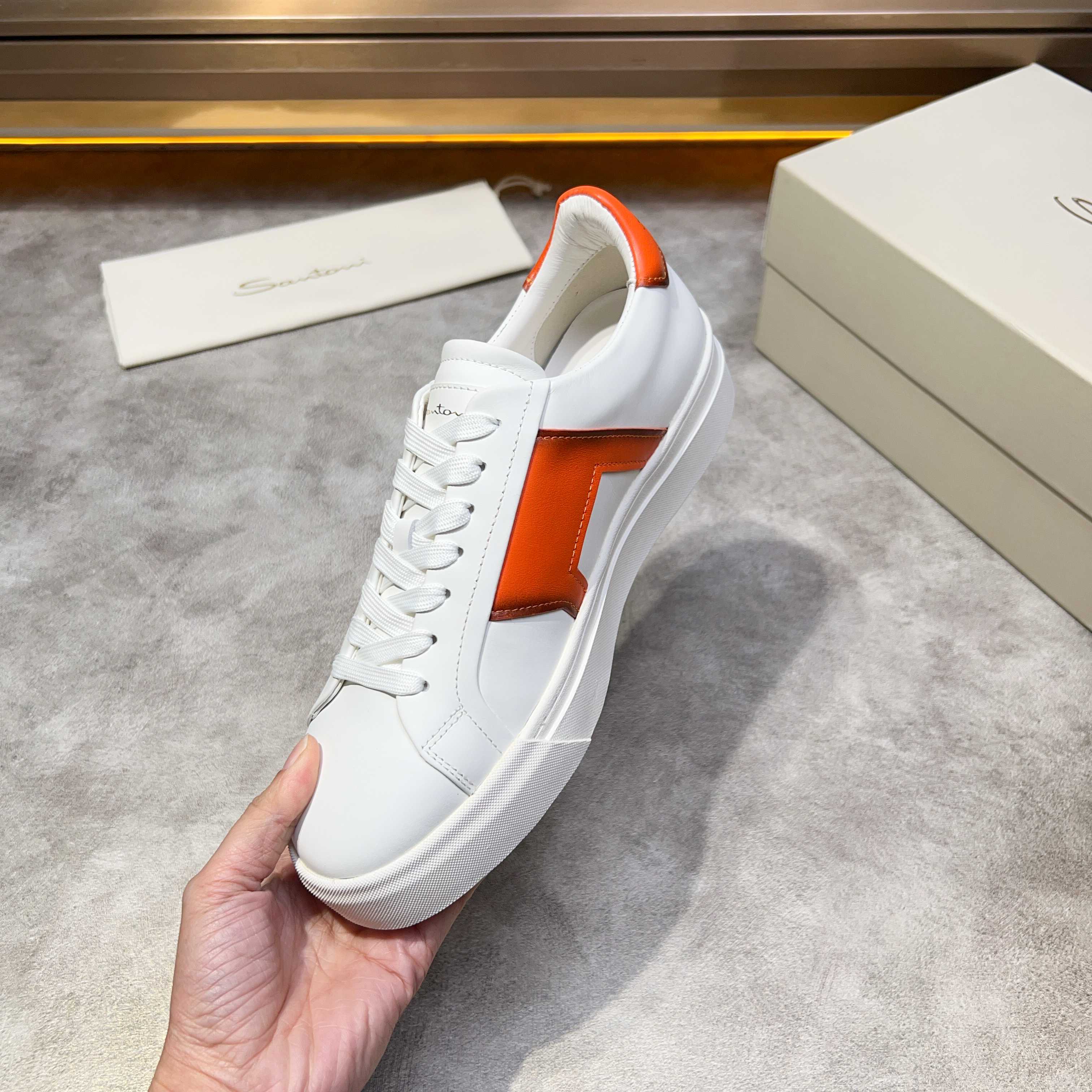 Santoni Men's White Leather Lace-Up Sneakers with Orange Accents 6 a1741780520411 7023