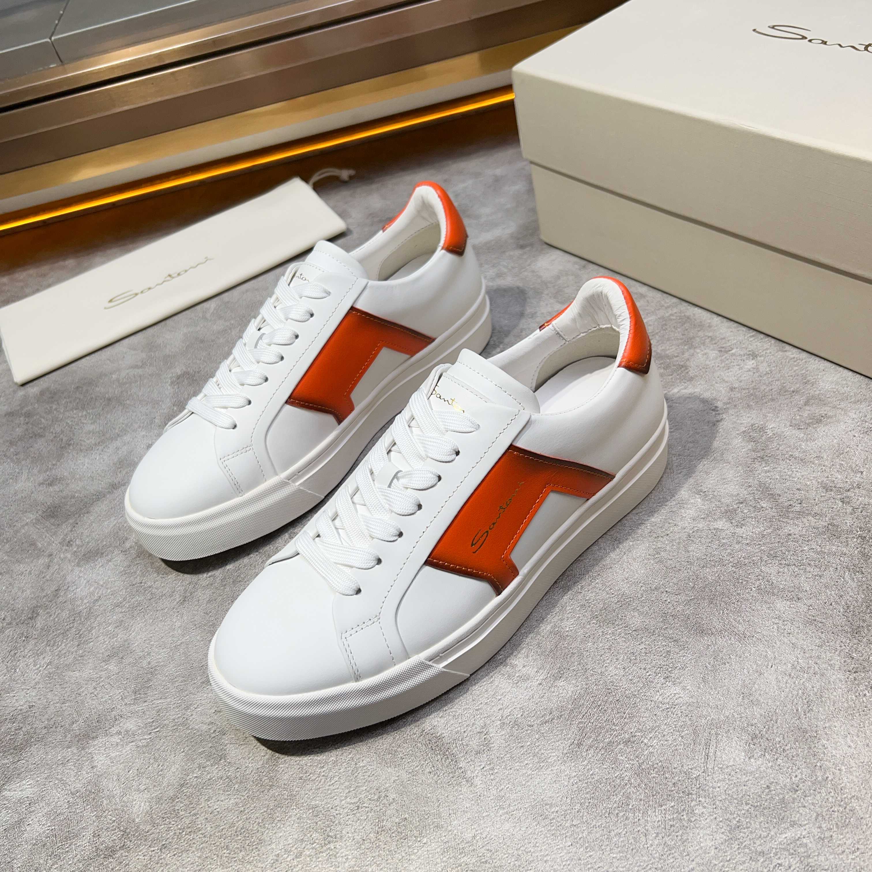 Santoni Men's White Leather Lace-Up Sneakers with Orange Accents