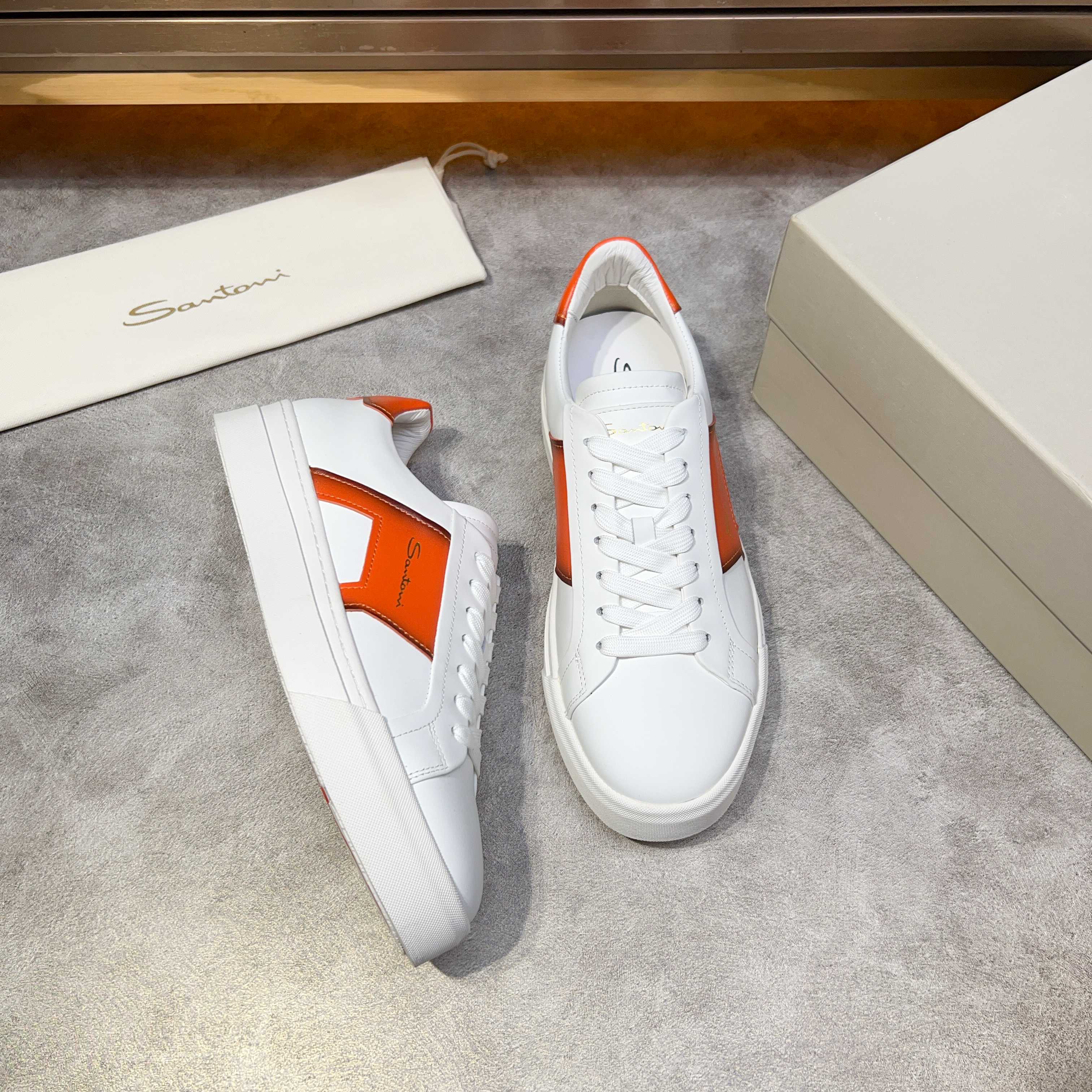Santoni Men's White Leather Lace-Up Sneakers with Orange Accents 3 a1741780520921 0788