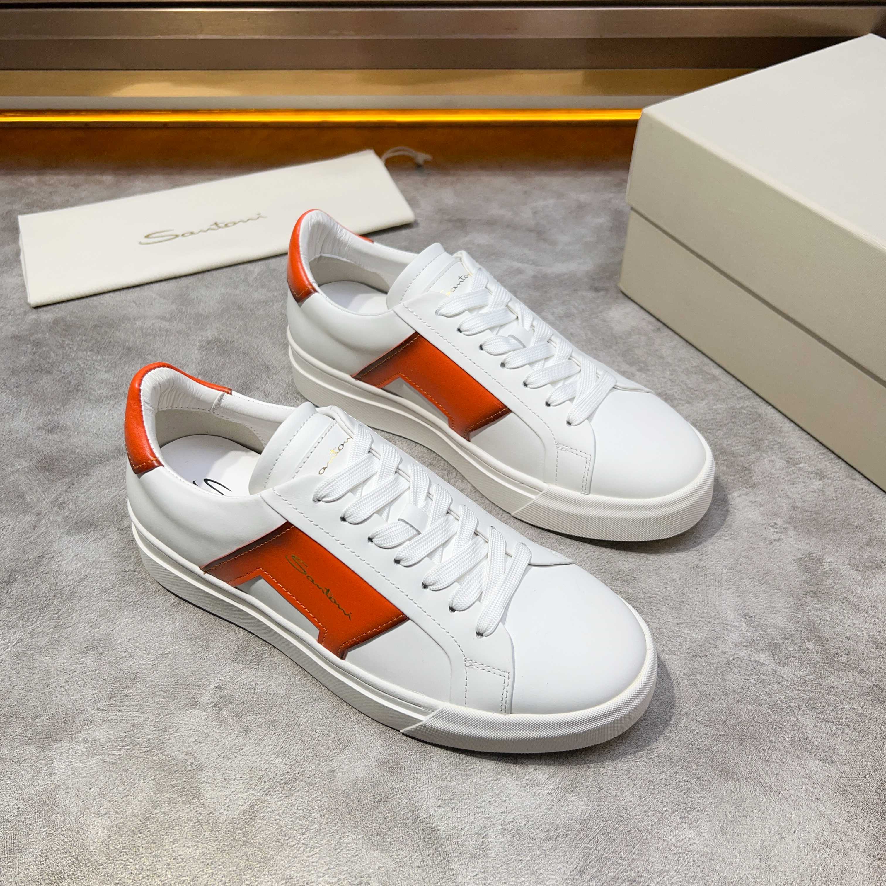 Santoni Men's White Leather Lace-Up Sneakers with Orange Accents 9 a1741780524154 5306