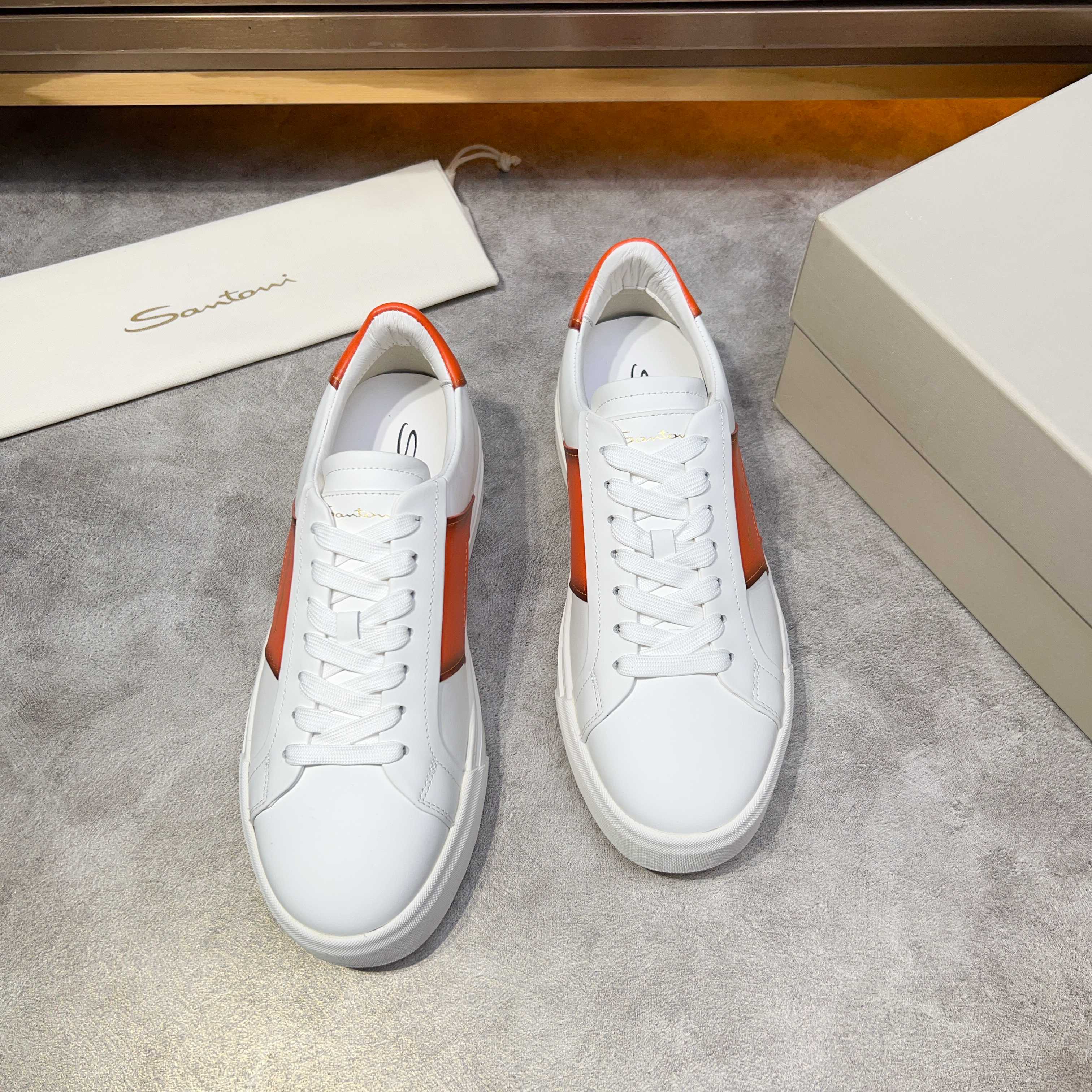 Santoni Men's White Leather Lace-Up Sneakers with Orange Accents 10 a1741780524219 2630