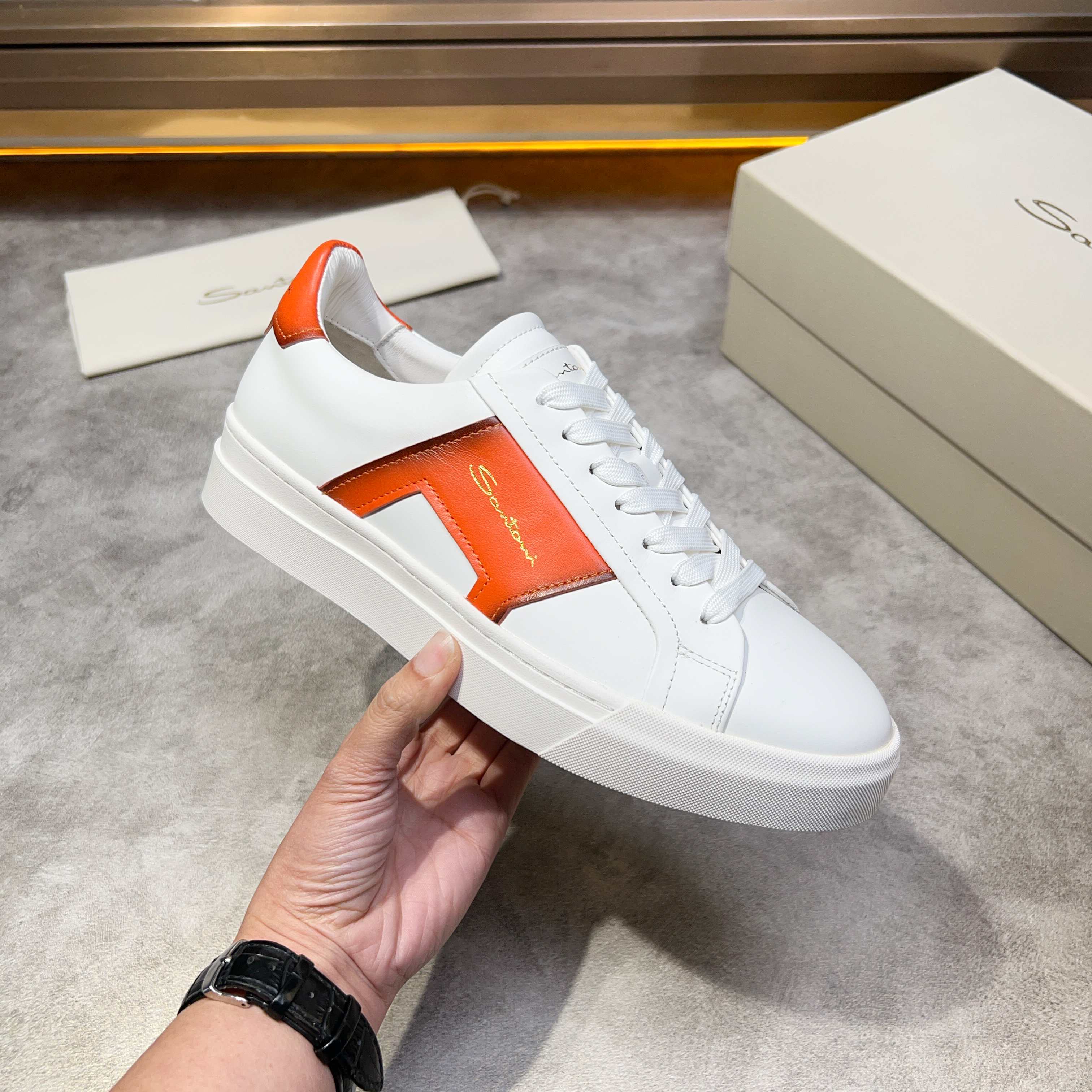 Santoni Men's White Leather Lace-Up Sneakers with Orange Accents 7 a1741780524354 3612