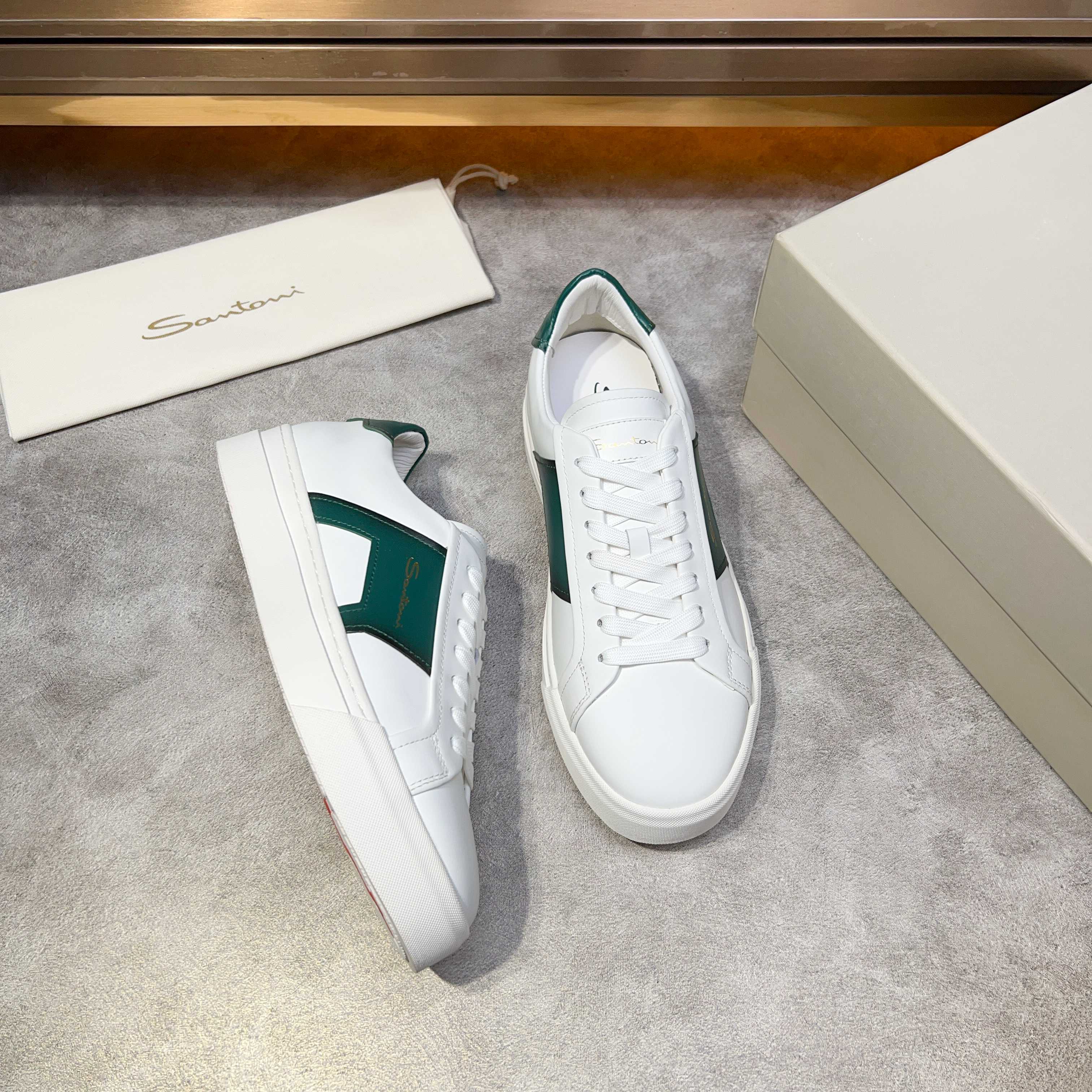 Santoni Men's White Leather Sneaker with Green Accent - Italian Craftsmanship 3 a1741780535242 0277
