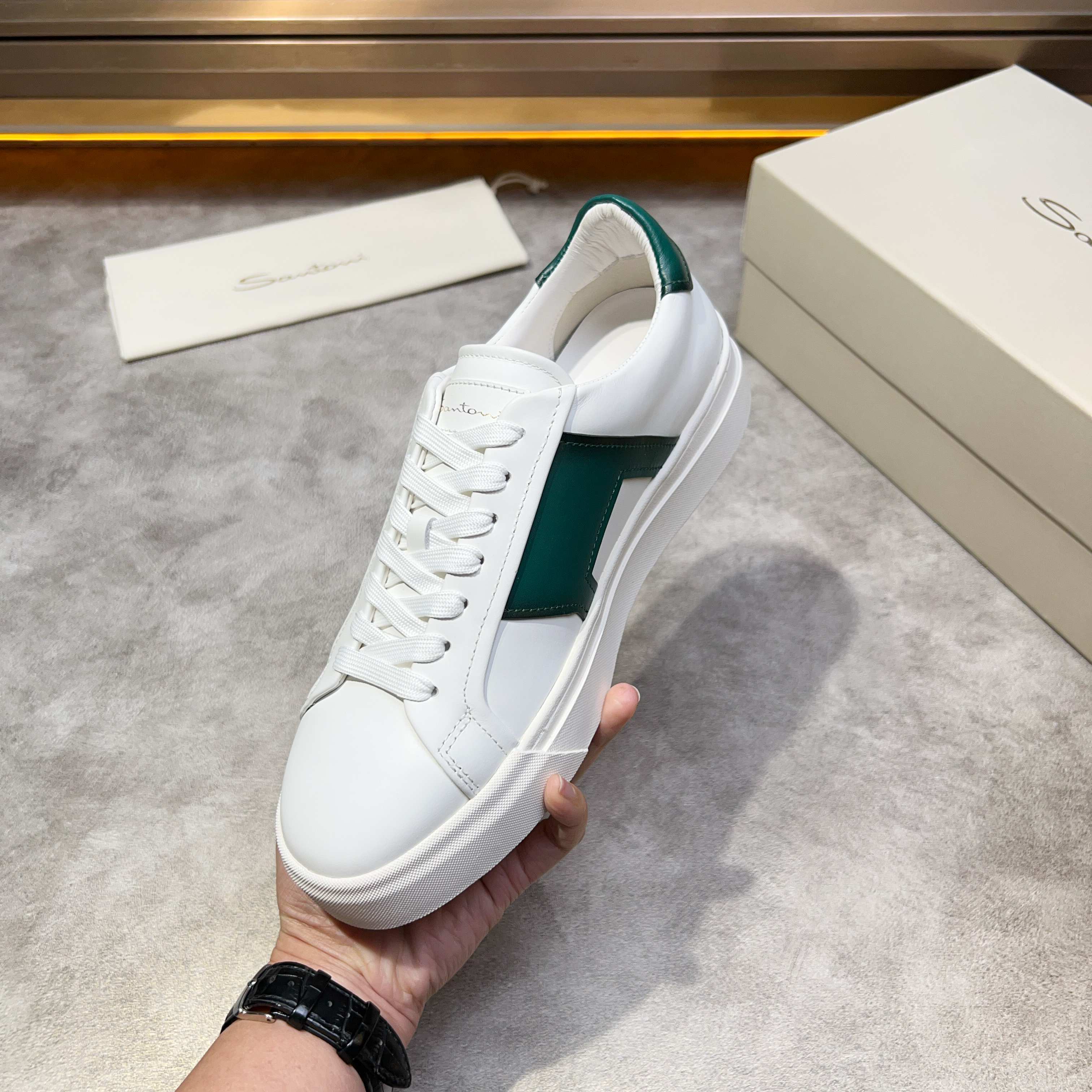 Santoni Men's White Leather Sneaker with Green Accent - Italian Craftsmanship 7 a1741780537646 5412