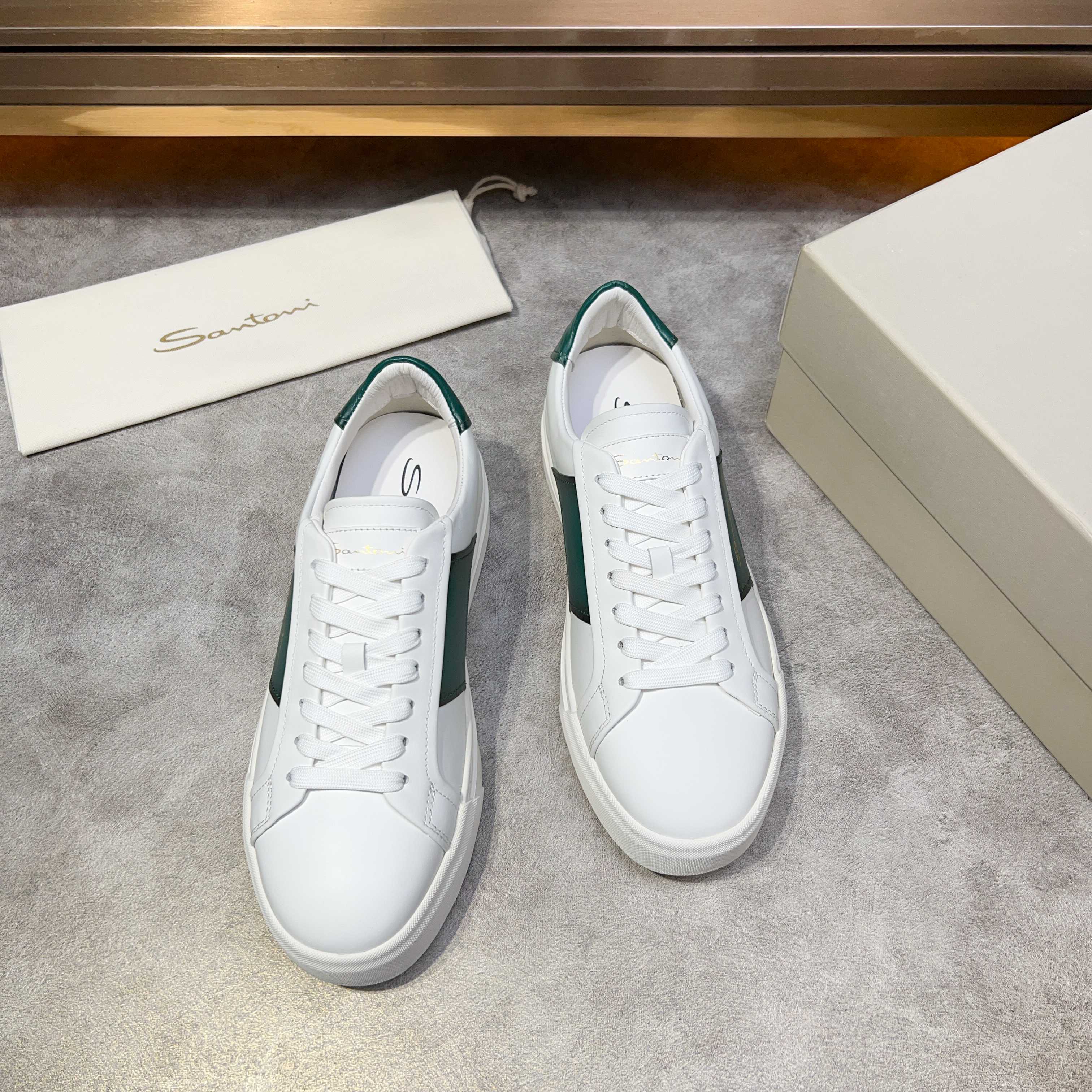 Santoni Men's White Leather Sneaker with Green Accent - Italian Craftsmanship 9 a1741780537686 5630