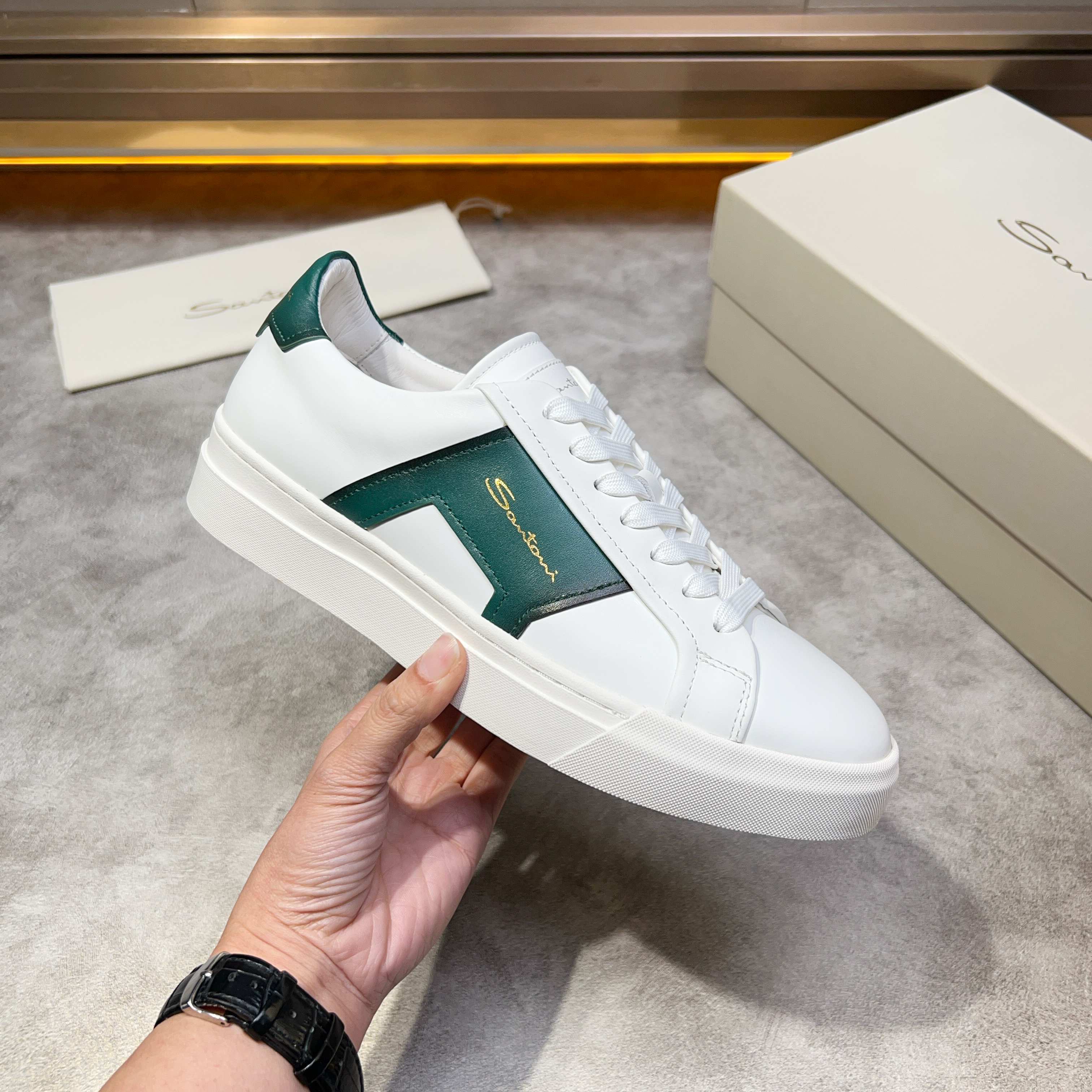 Santoni Men's White Leather Sneaker with Green Accent - Italian Craftsmanship 8 a1741780537952 8357