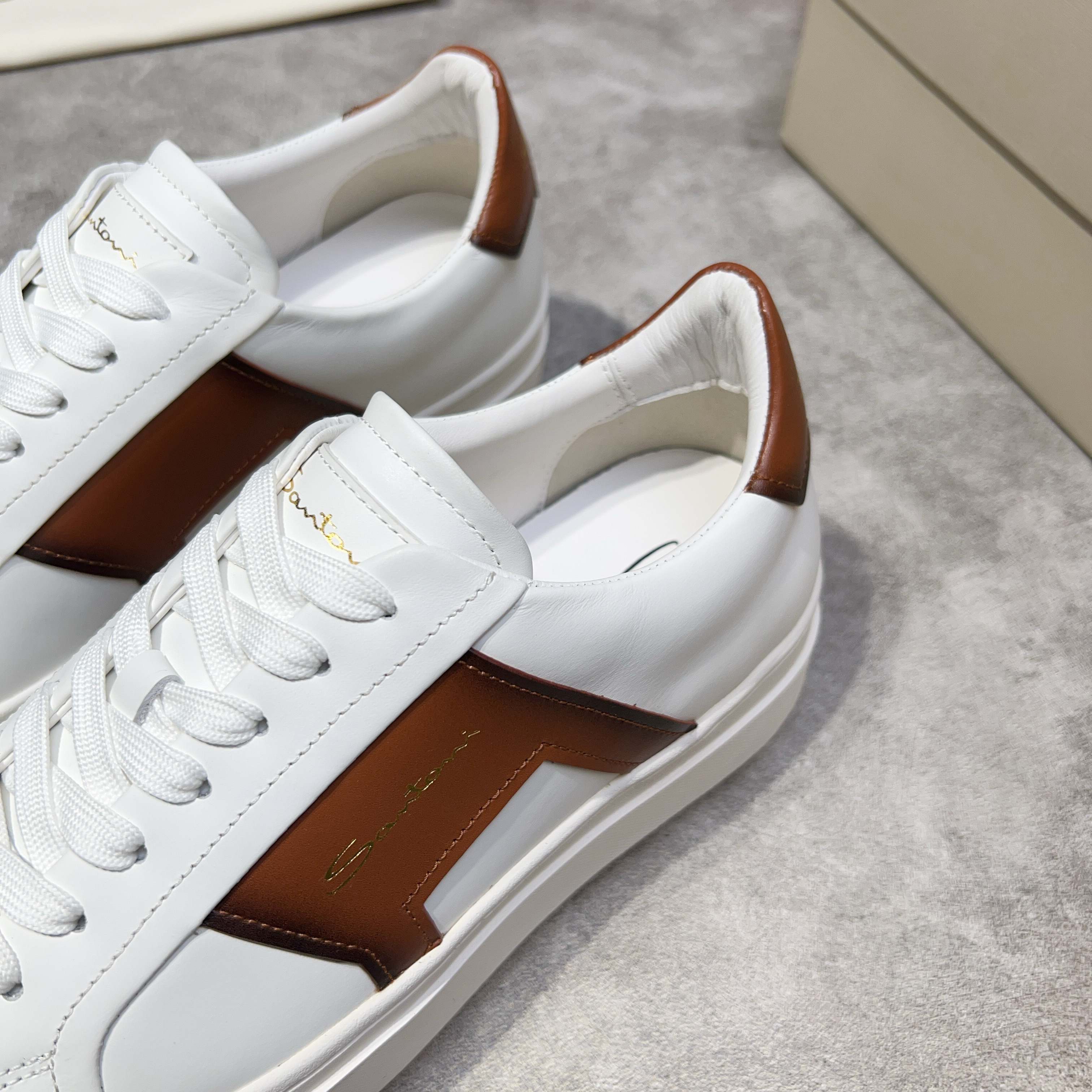 Santoni Men's White Leather Sneakers with Brown Accents, Sizes 39-44 4 a1741780550535 5451