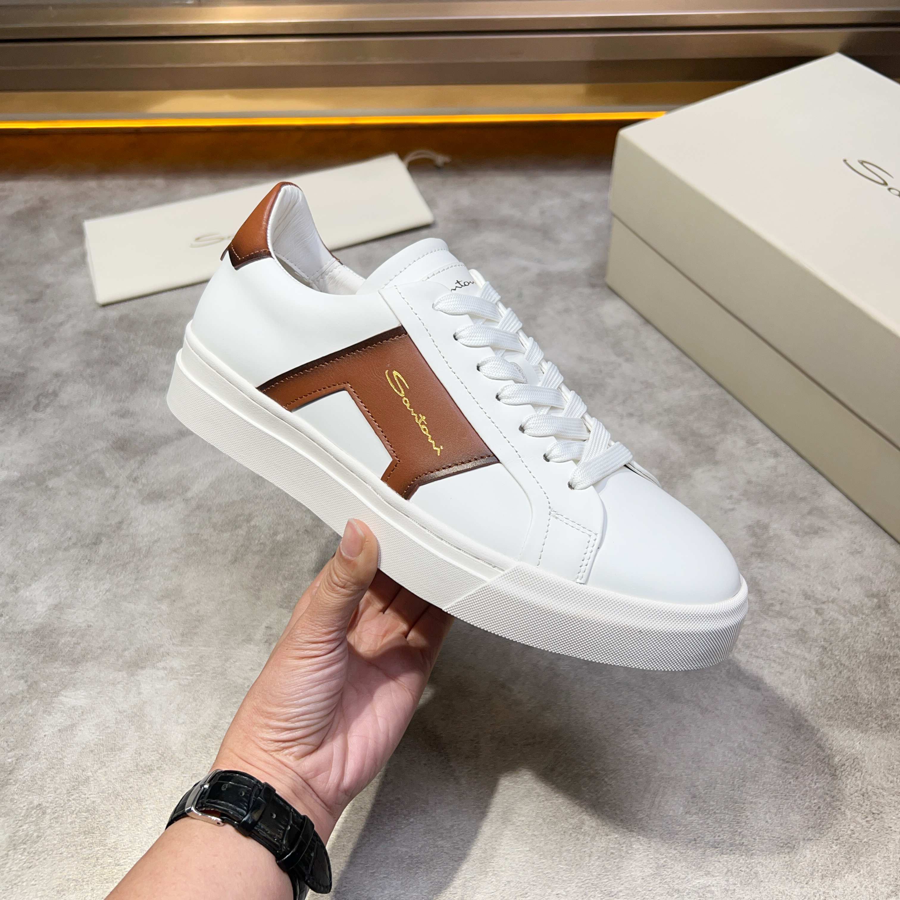 Santoni Men's White Leather Sneakers with Brown Accents, Sizes 39-44 6 a1741780550739 2753