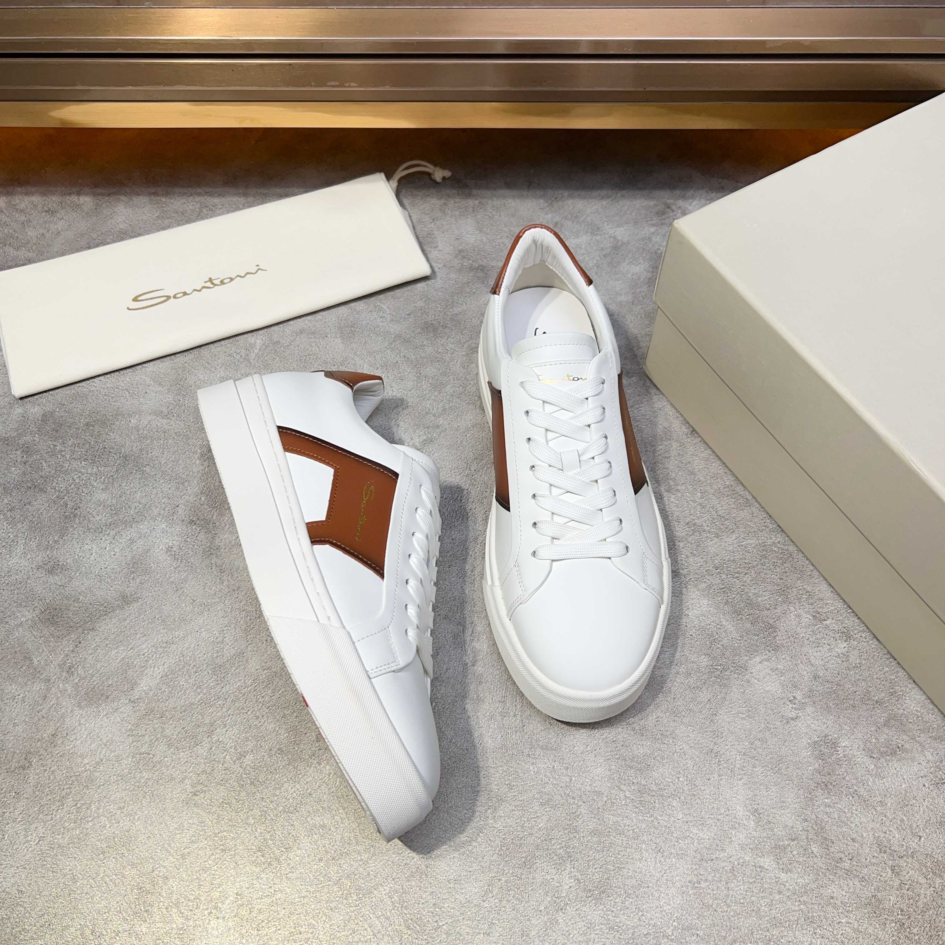 Santoni Men's White Leather Sneakers with Brown Accents, Sizes 39-44 3 a1741780550915 8054