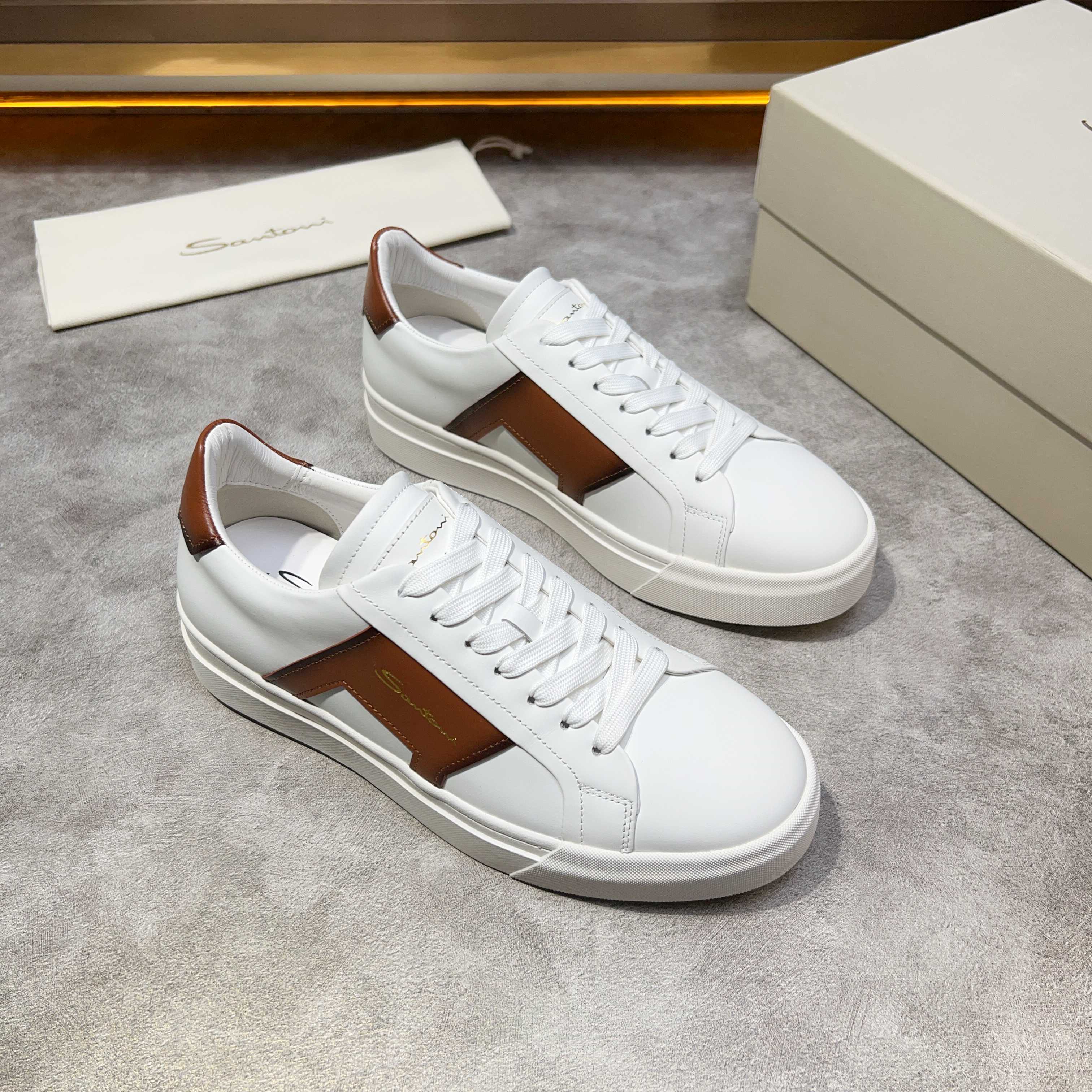 Santoni Men's White Leather Sneakers with Brown Accents, Sizes 39-44 10 a1741780550963 4301