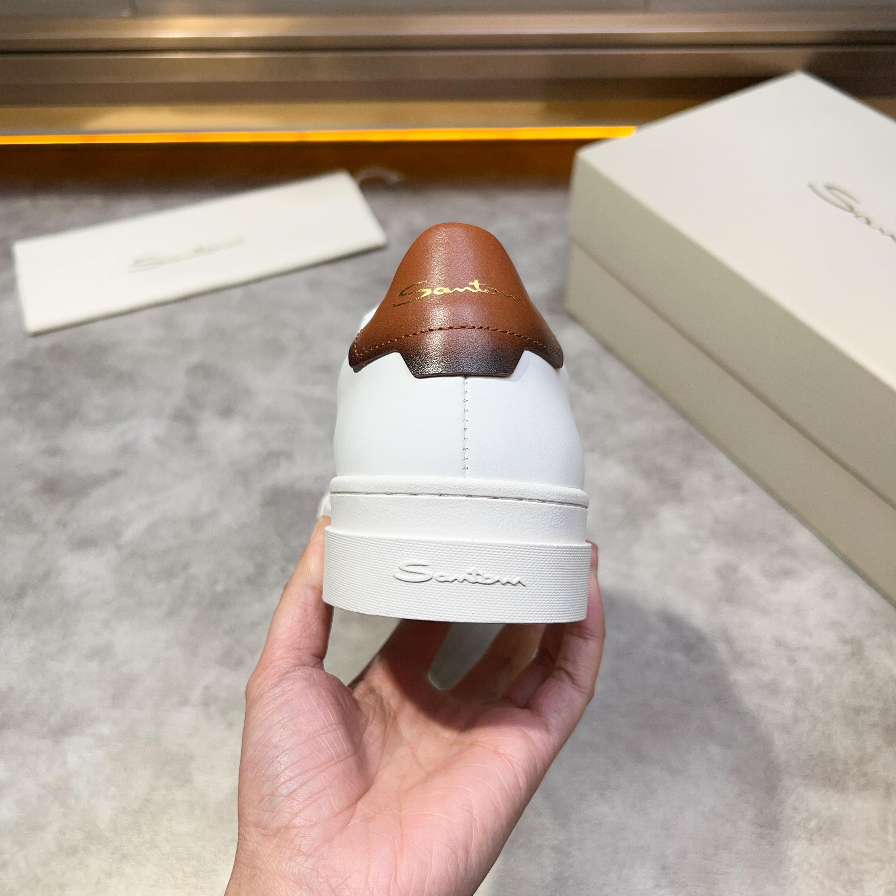 Santoni Men's White Leather Sneakers with Brown Accents, Sizes 39-44 7 a1741780552326 6685