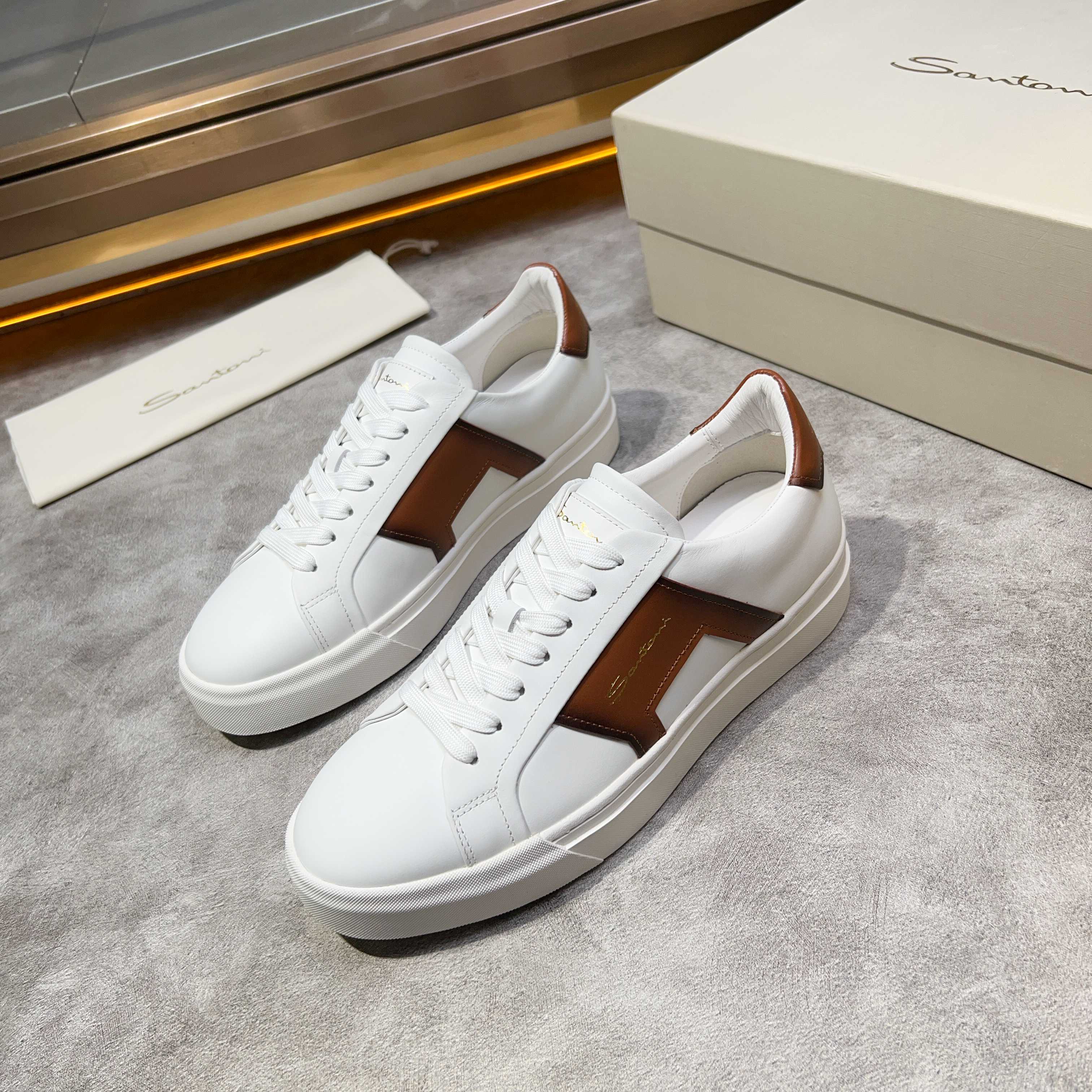 Santoni Men's White Leather Sneakers with Brown Accents, Sizes 39-44