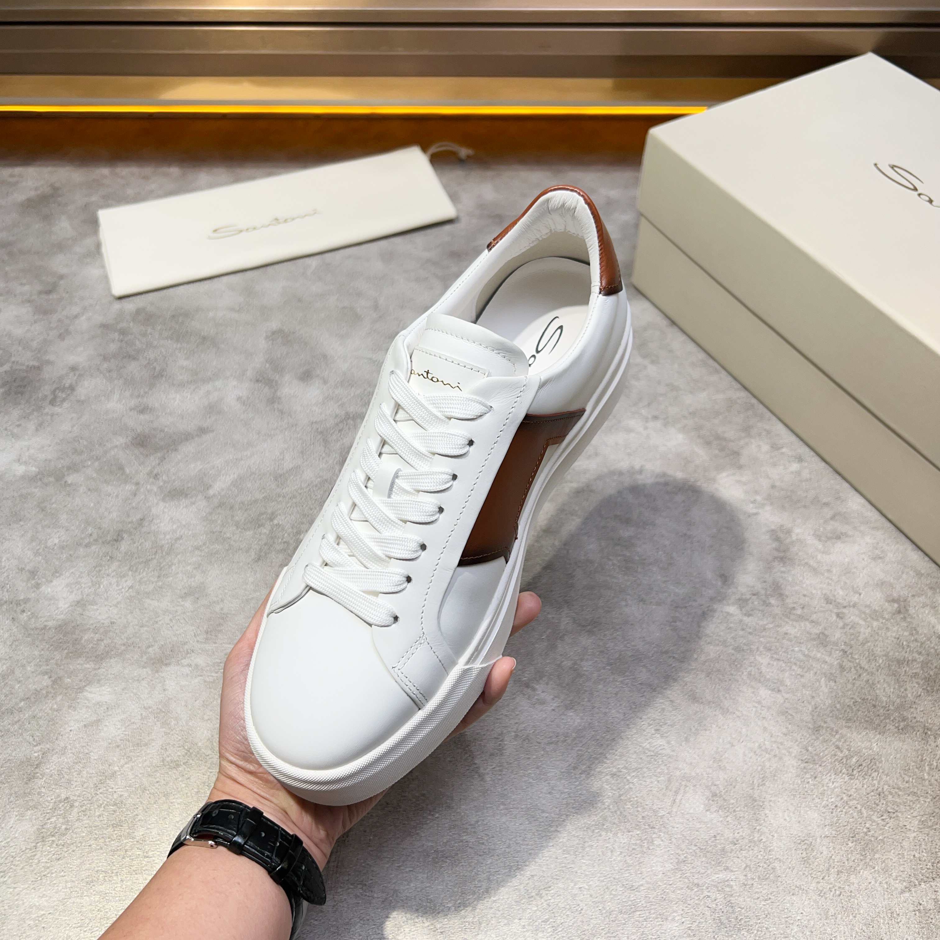 Santoni Men's White Leather Sneakers with Brown Accents, Sizes 39-44 8 a1741780552871 2016