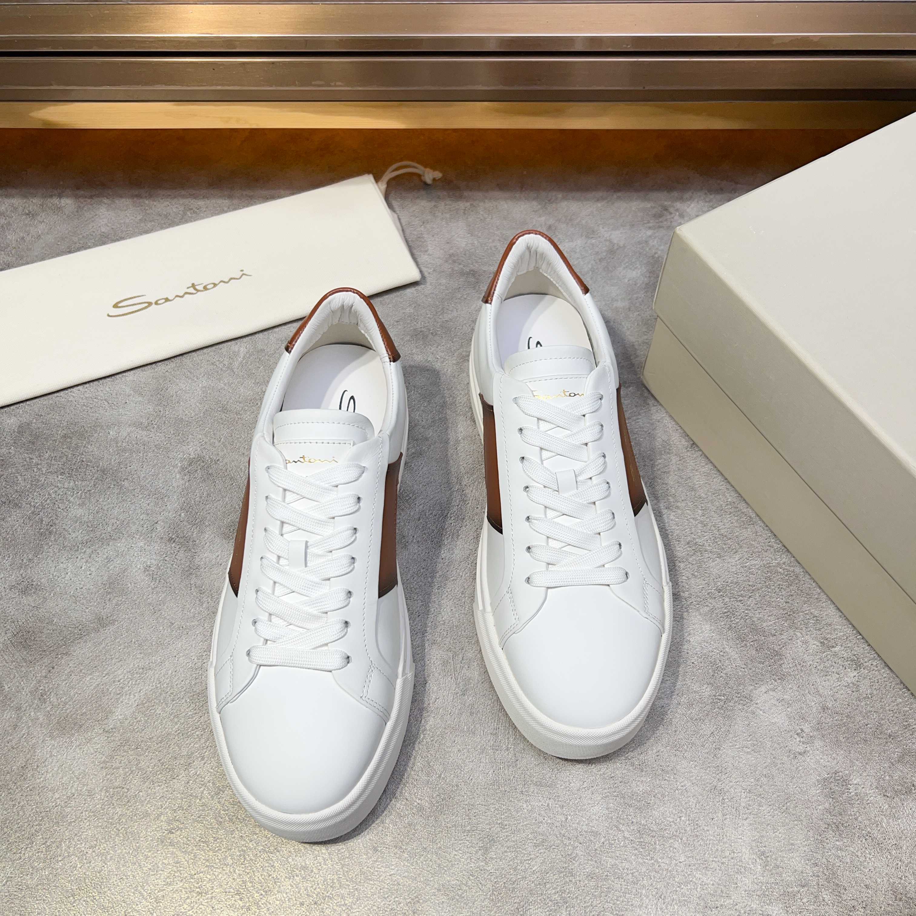 Santoni Men's White Leather Sneakers with Brown Accents, Sizes 39-44 9 a1741780552878 5513