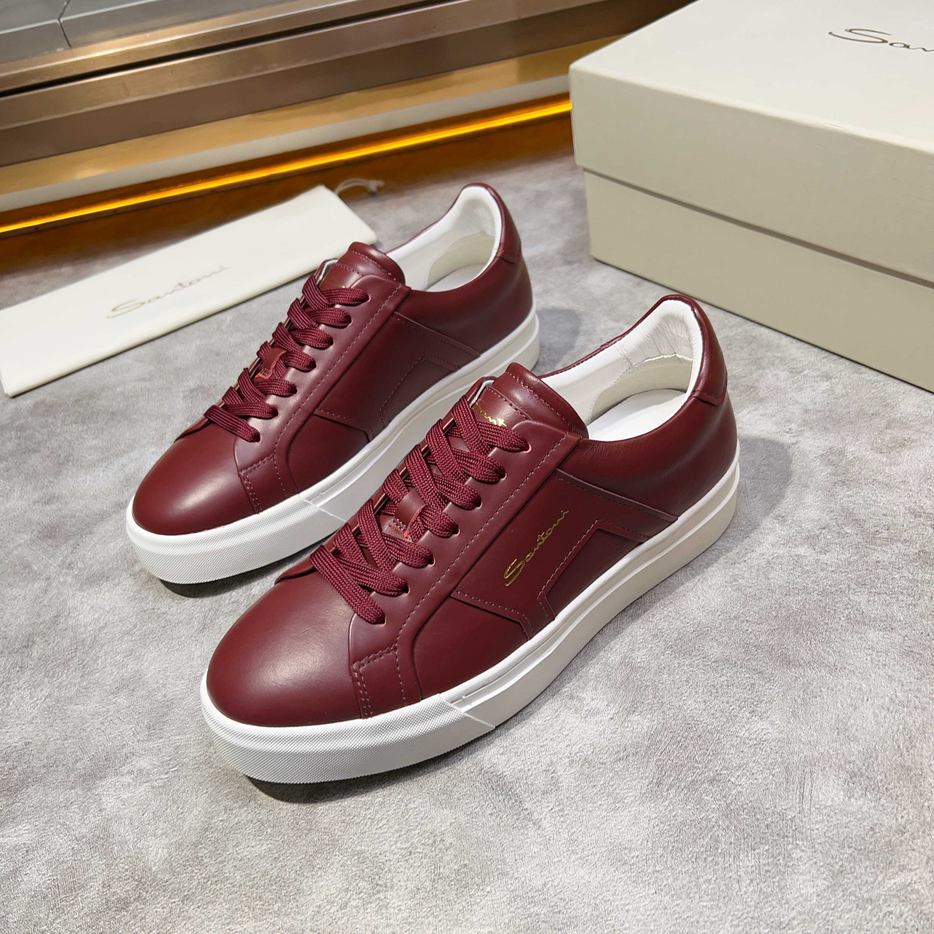 Santoni Men's Burgundy Leather Sneakers - Italian Craftsmanship