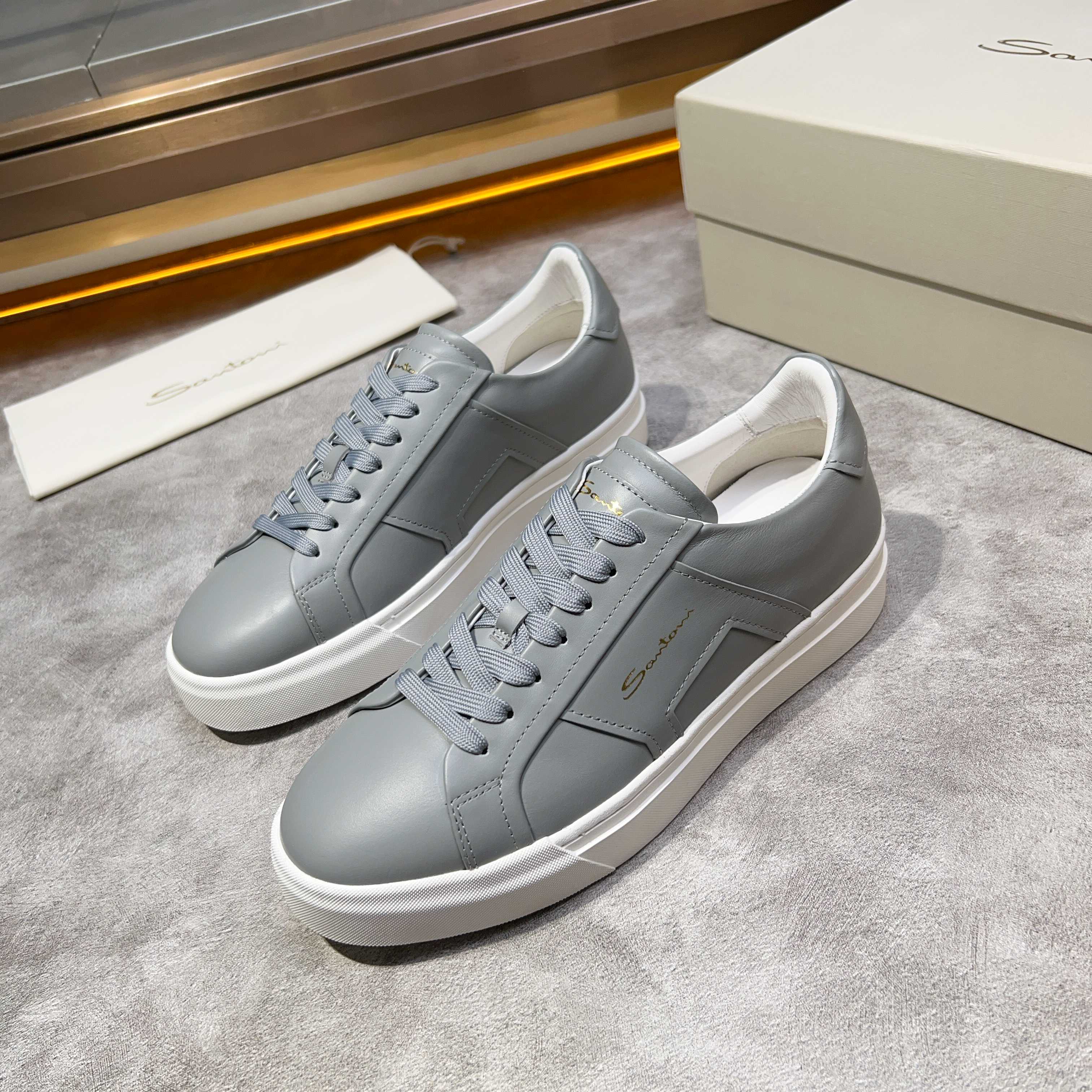 Santoni Men's Gray Leather Low Top Sneakers, Italian Handmade