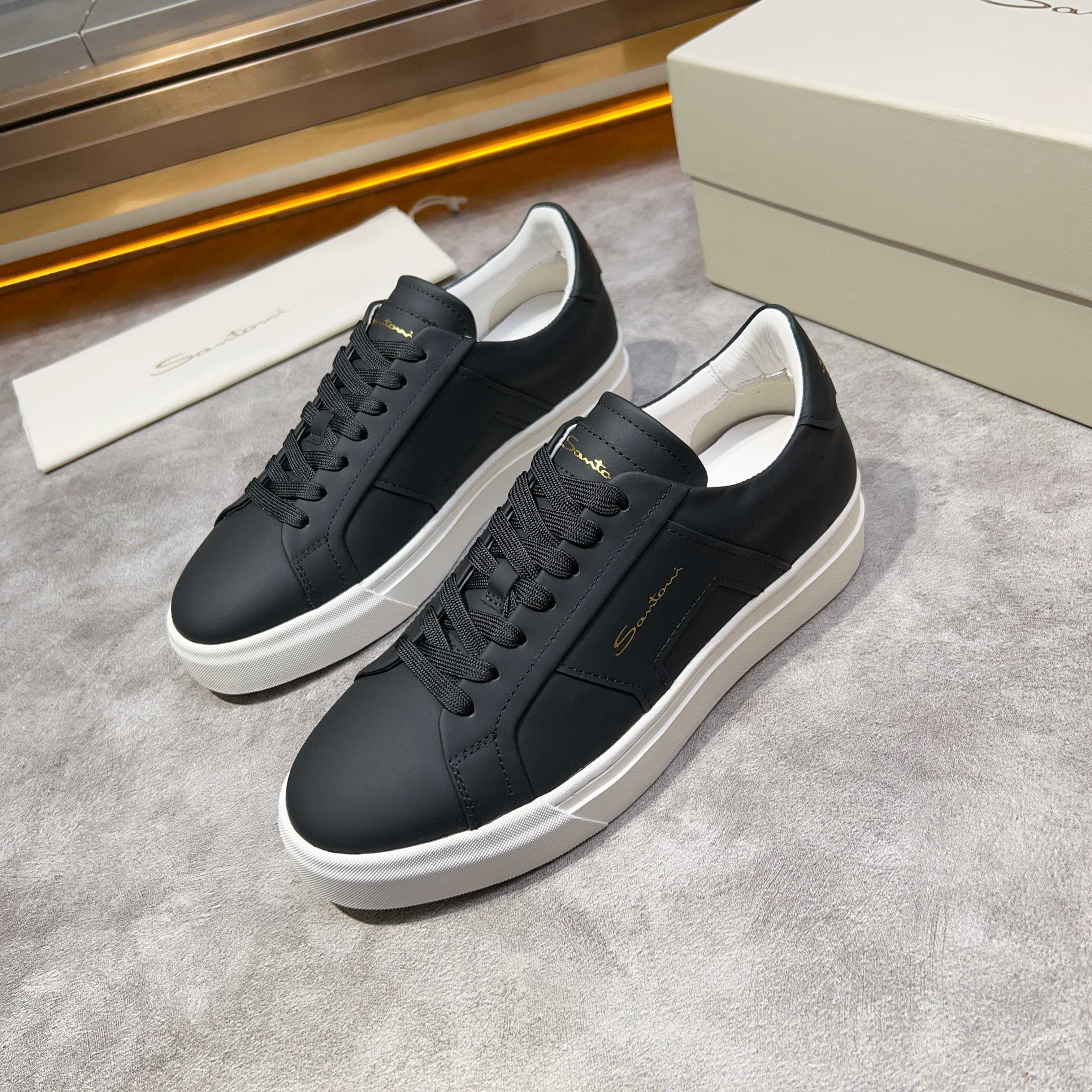 Santoni Men's Black Leather Low-Top Sneakers - Italian Craftsmanship