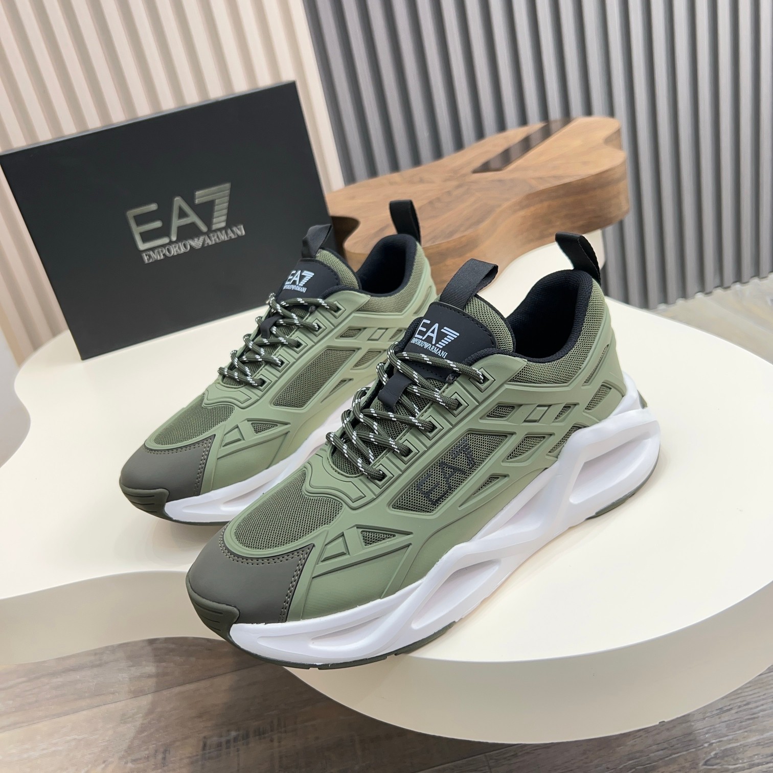 Emporio Armani Men's Olive Green Sneakers with White Sole, Sizes 39-44 1 Emporio Armani Men's Olive Green Sneakers with White Sole, Sizes 39-44