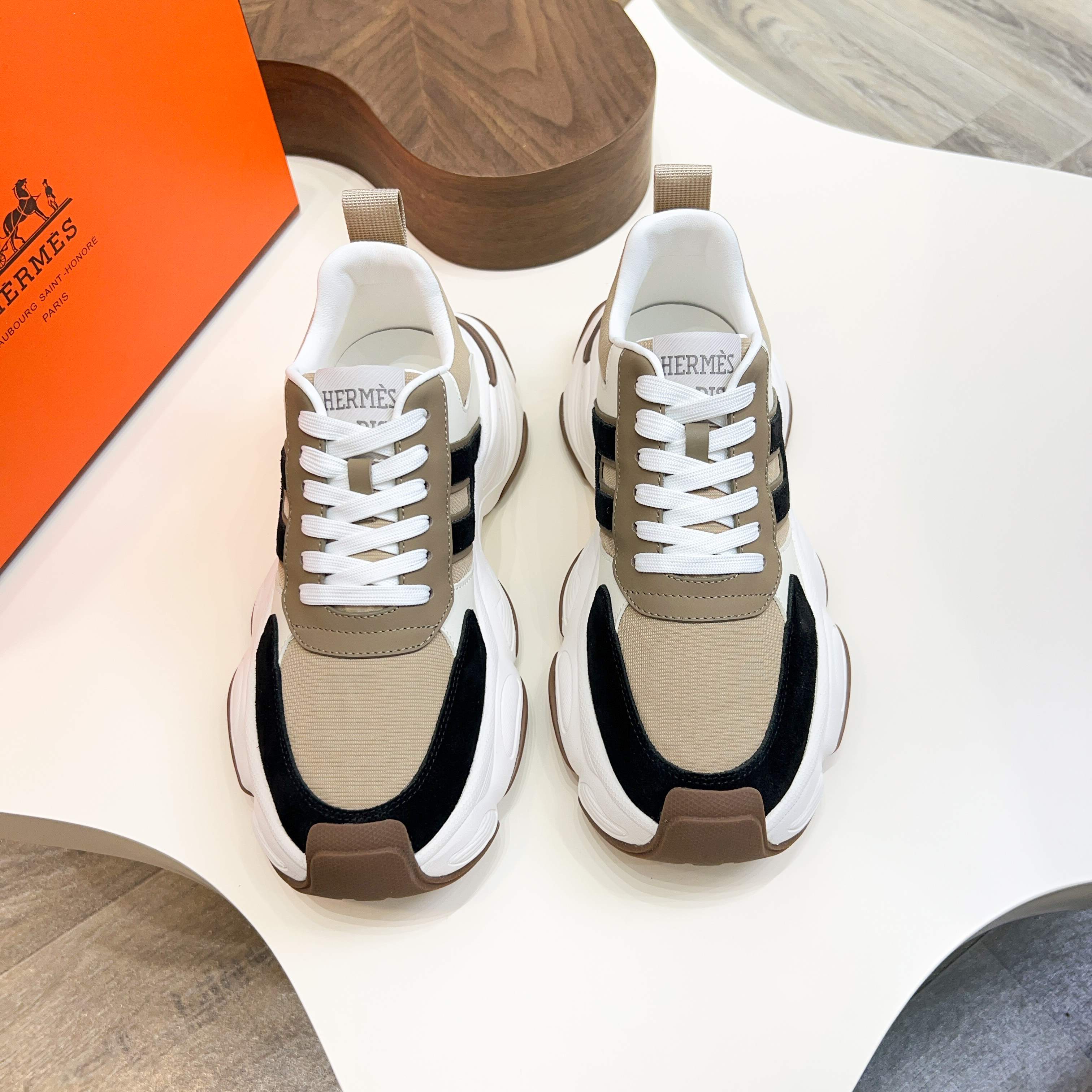 Hermès Haru Chunky Sole Sneakers in Calfskin & Canvas, Colorblock Design 10 a1743470519368 0187