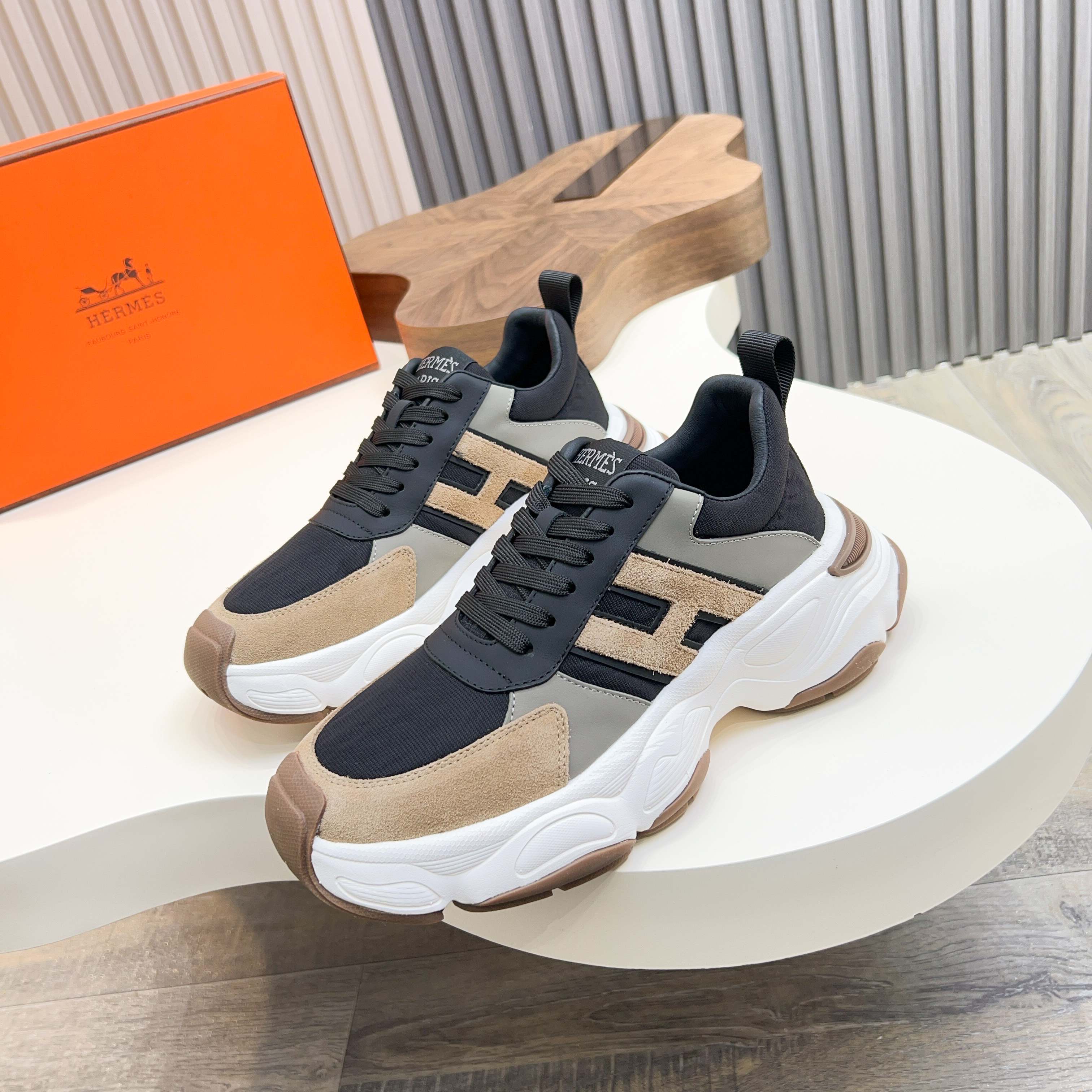 Hermes Haru Chunky Sole Derby Shoes, Calfskin Color Block Sneaker 1 Hermes Haru Chunky Sole Derby Shoes, Calfskin Color Block Sneaker