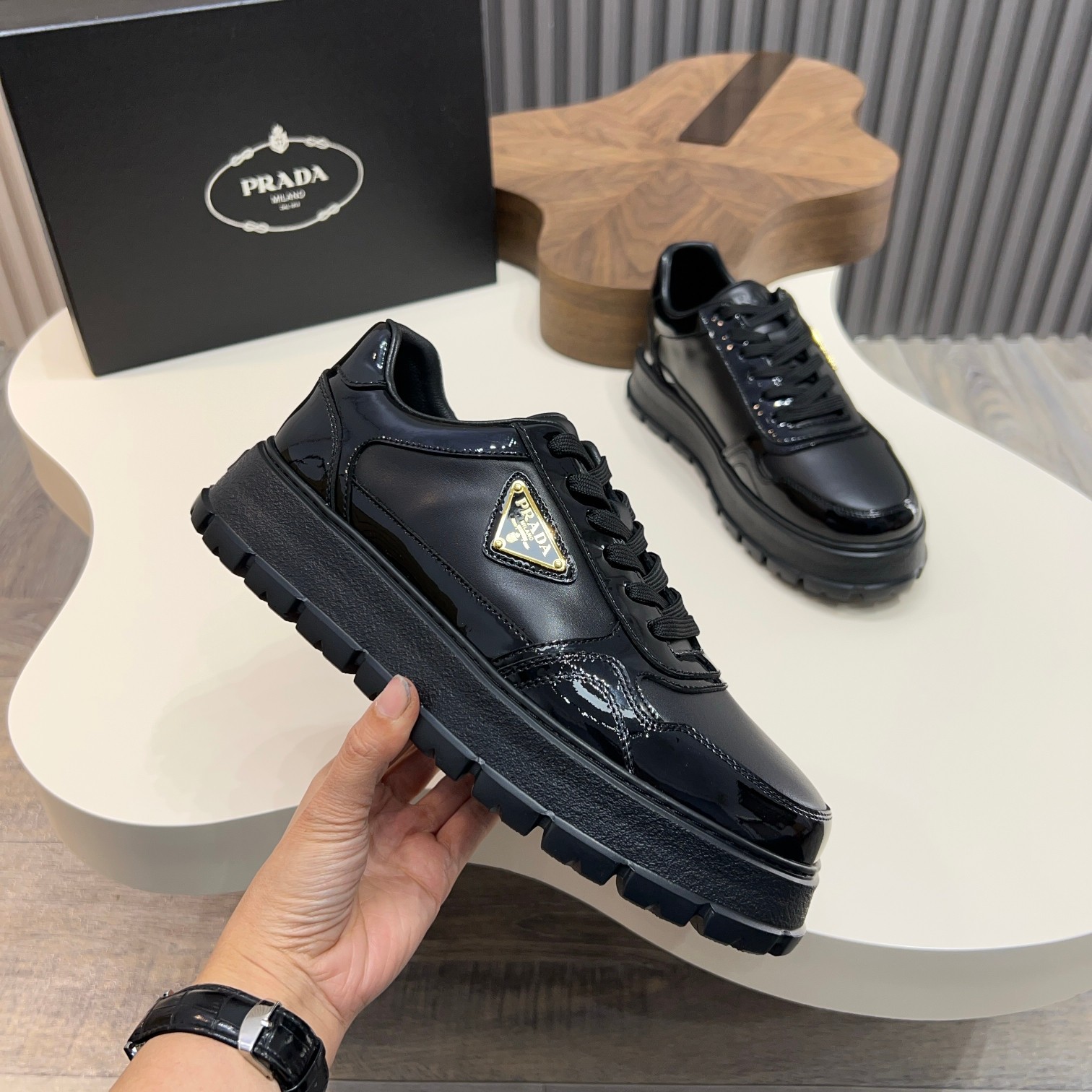 Prada Men's Black Leather and Patent Leather Lace-Up Sneakers 3 a1744085616877 4732
