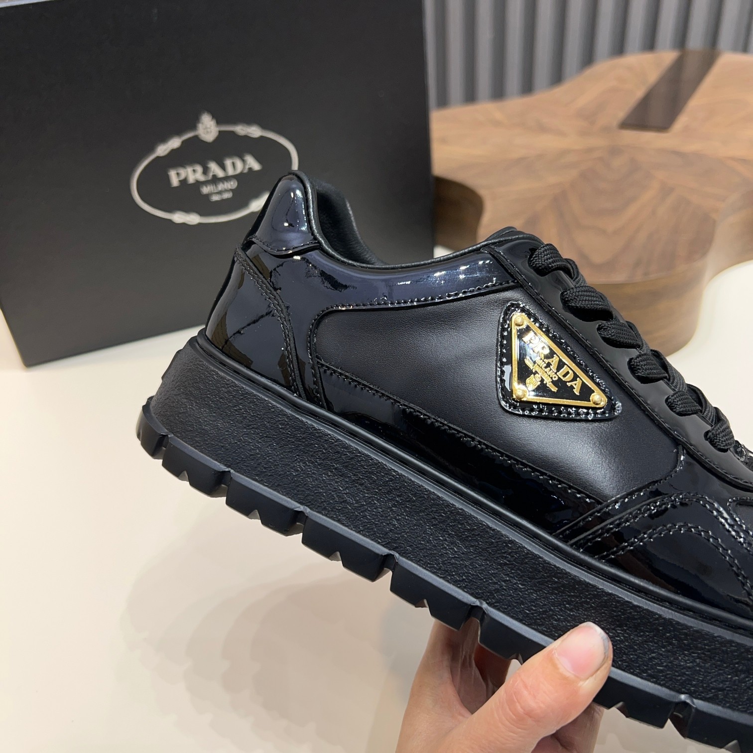 Prada Men's Black Leather and Patent Leather Lace-Up Sneakers 5 a1744085617015 3781