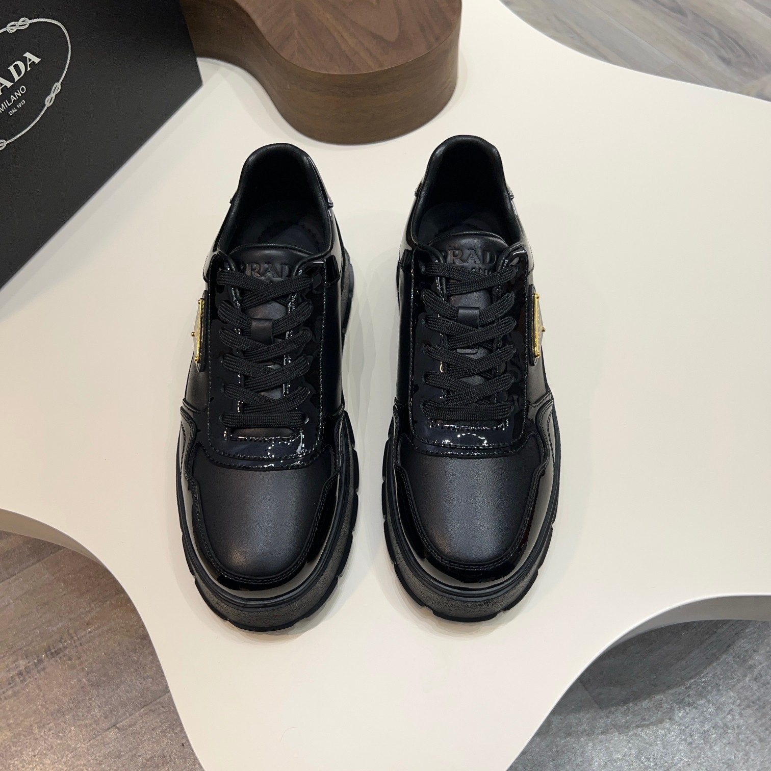 Prada Men's Black Leather and Patent Leather Lace-Up Sneakers 9 a1744085618700 6417