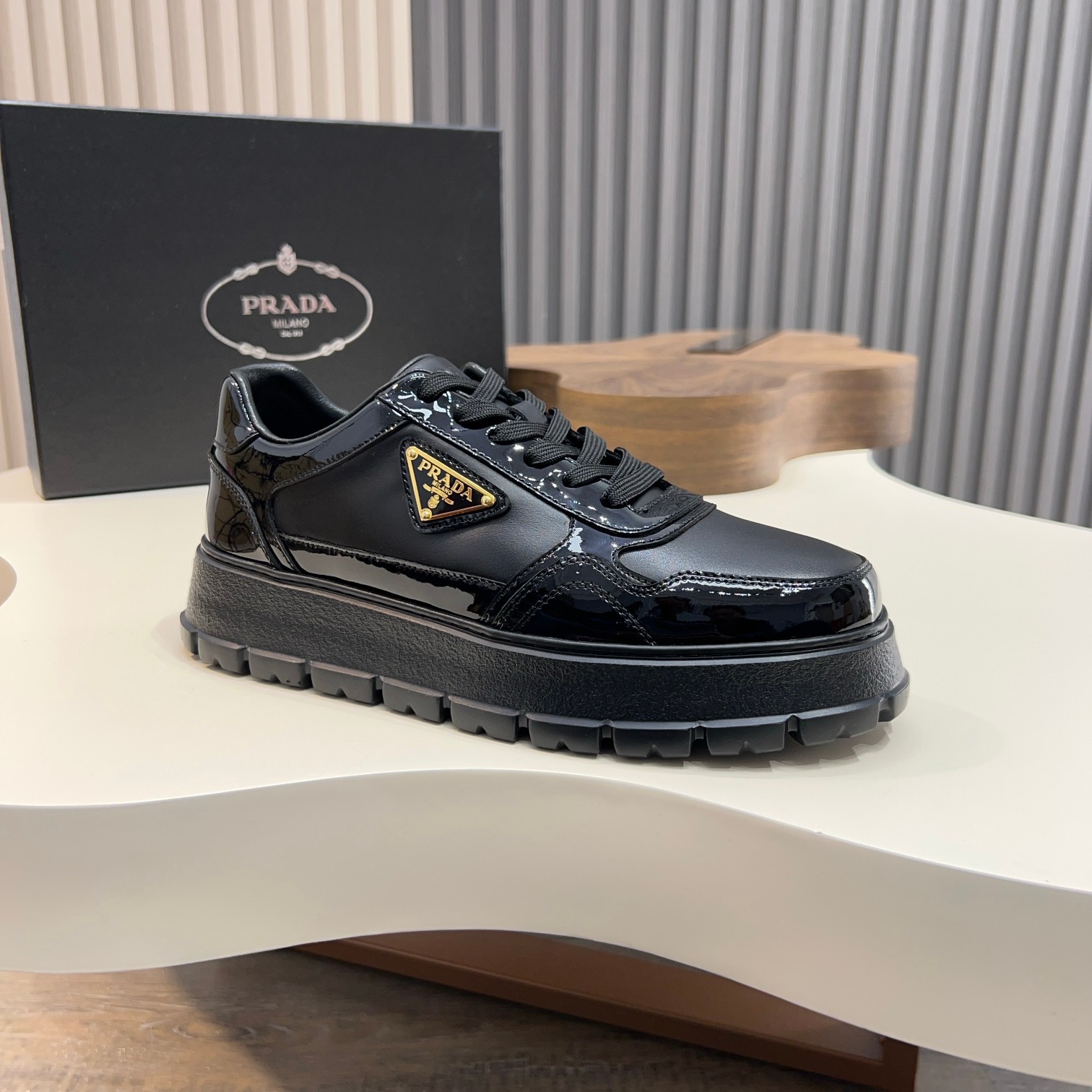 Prada Men's Black Leather and Patent Leather Lace-Up Sneakers 7 a1744085618773 7434
